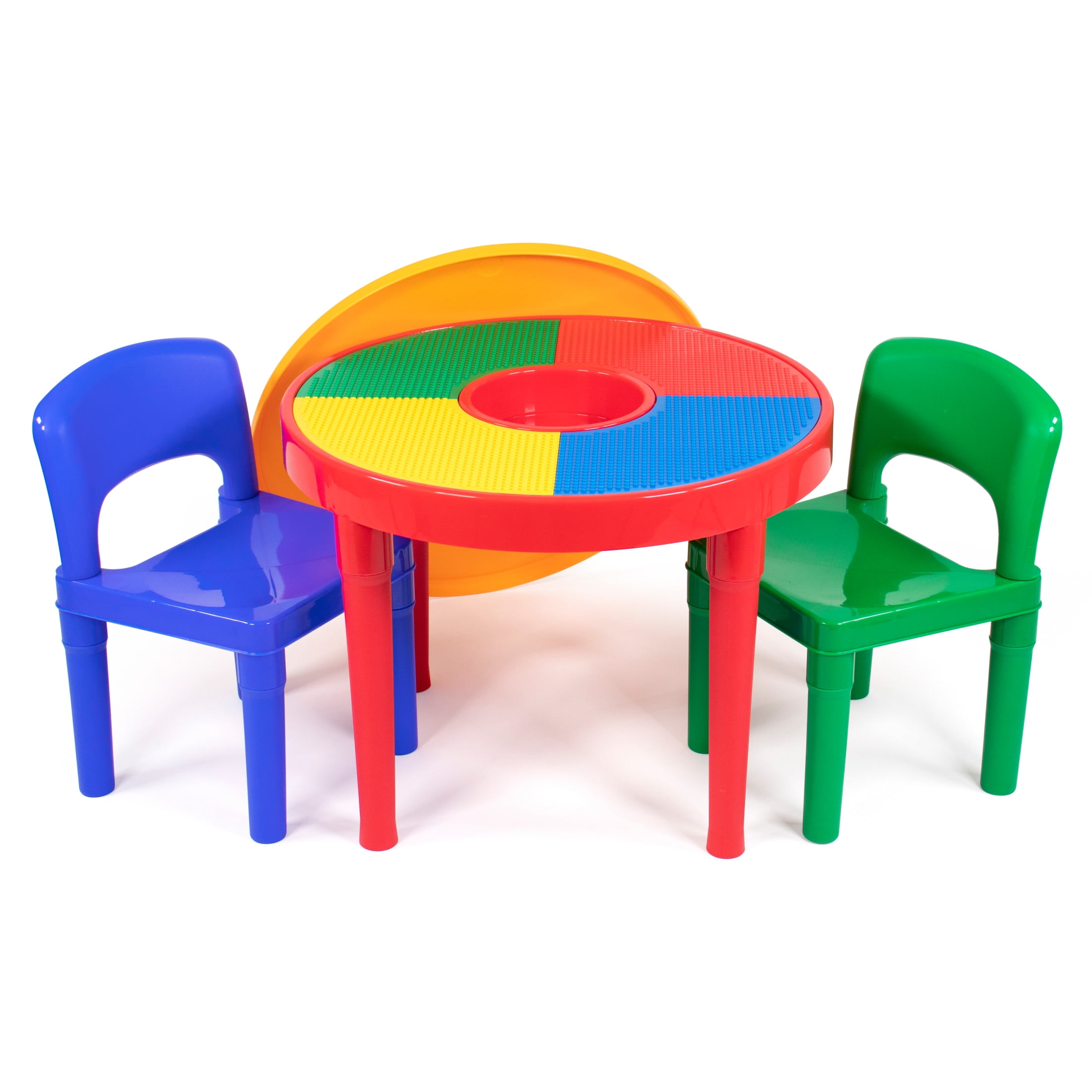 Humble Crew Primary Toddler 2-in-1 Plastic Building Blocks-Compatible Activity Table and 2 Chairs Set, Round, Primary