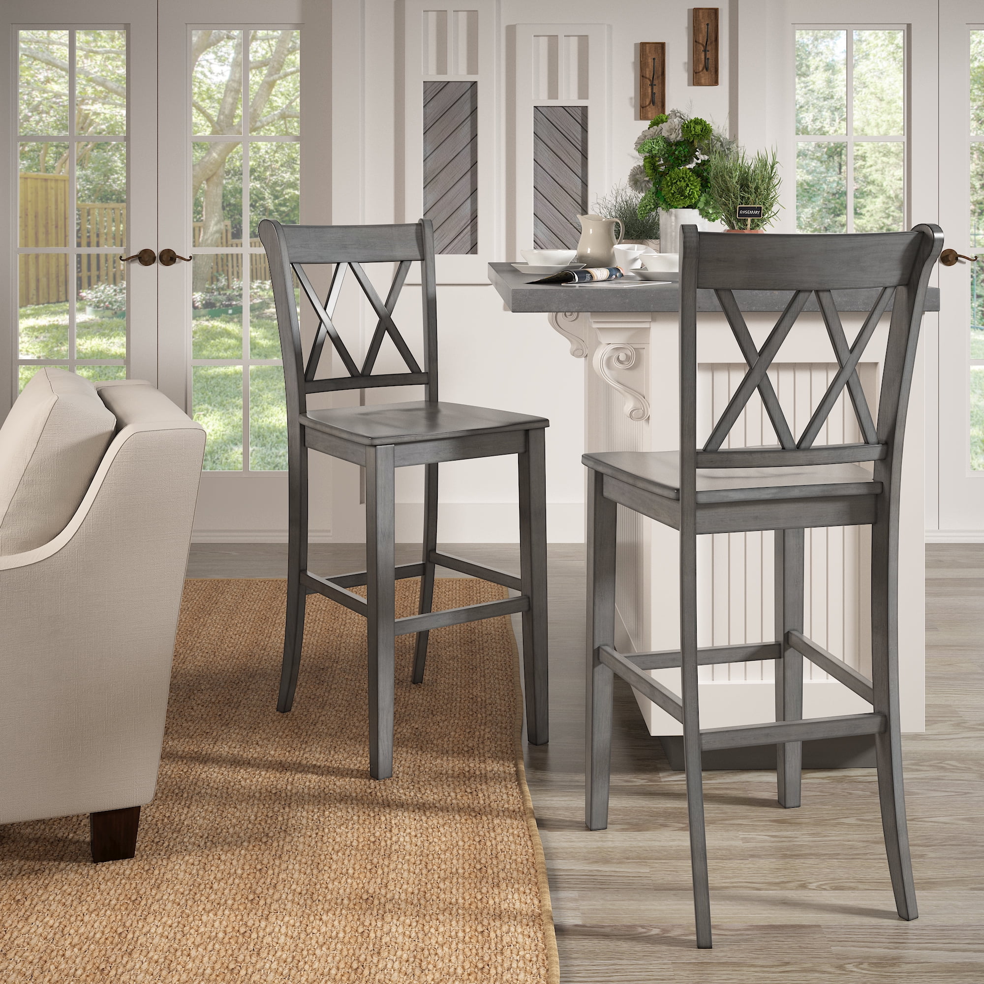 Weston Home Farmhouse Vintage Double X Solid Wood Bar Height Chair, Set of 2, Antique Grey
