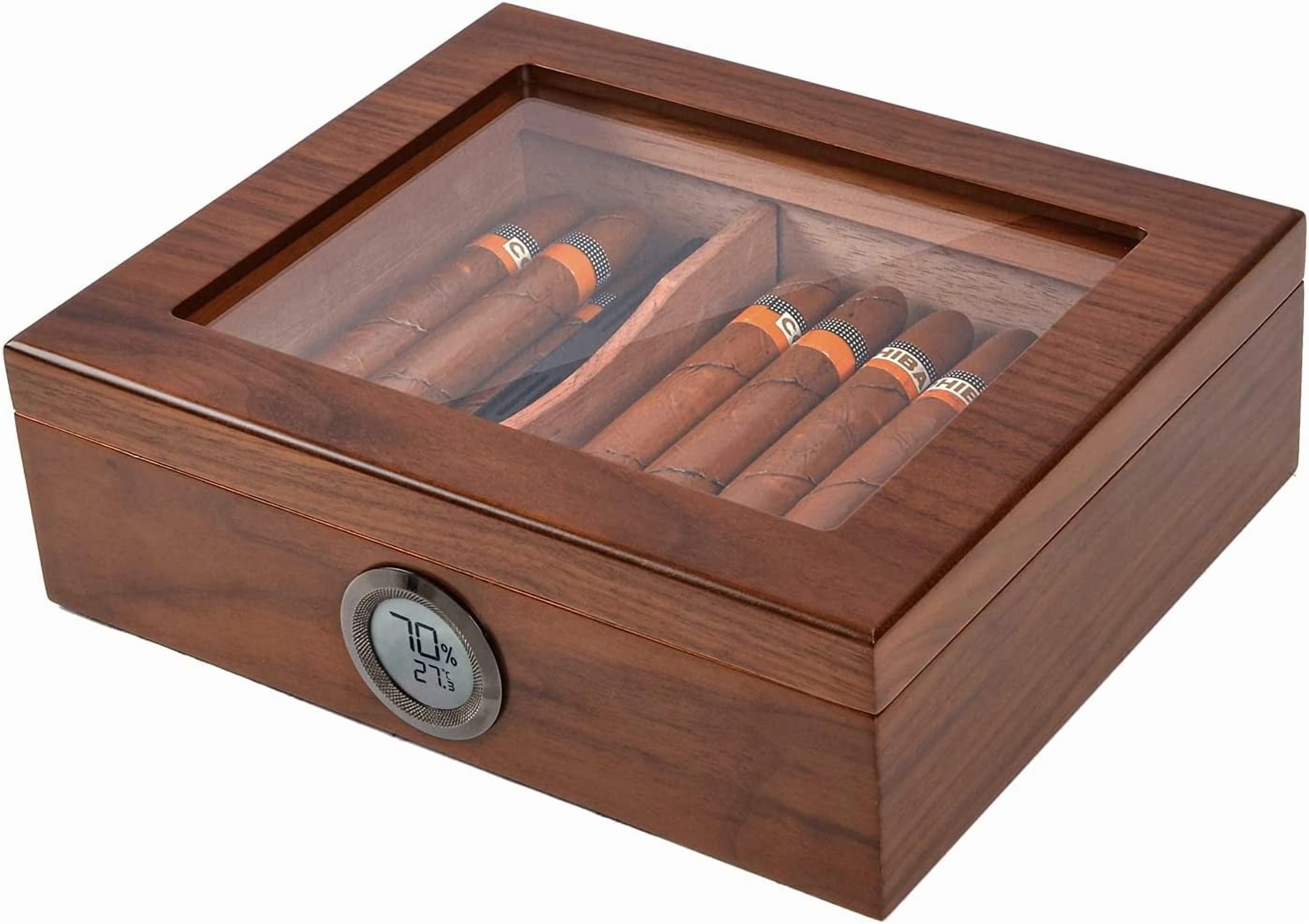Humidor Cigar Box Cedar Wood Cigar Humidor with Thermometer Digital Hygrometer and Front Humidifier Tempered Glass Top Display Hold 15-40 Cigars by Jansfuren