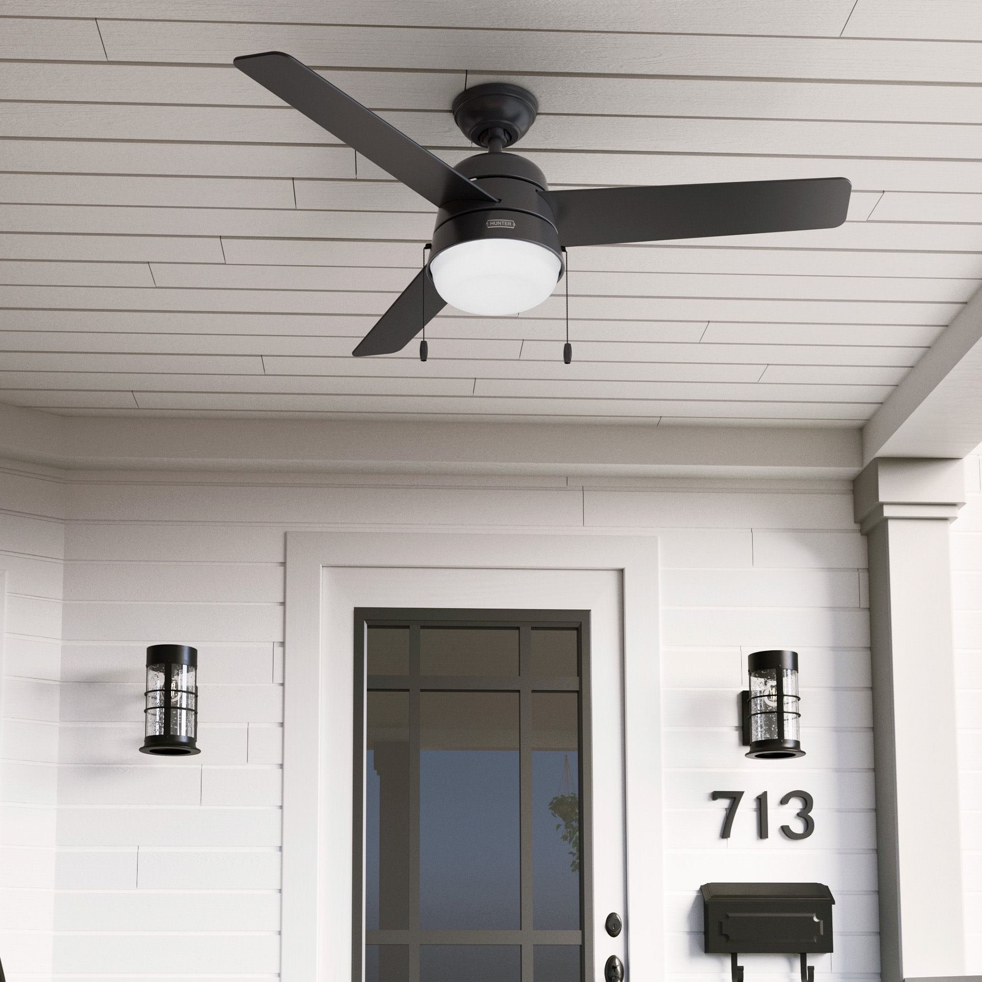 Hunter - Aker Indoor/Outdoor Ceiling Fan With Light, 52-inch, Matte Black, Casual-style, 3-speed WhisperWind Motor, 50386, for Porches, Bathrooms