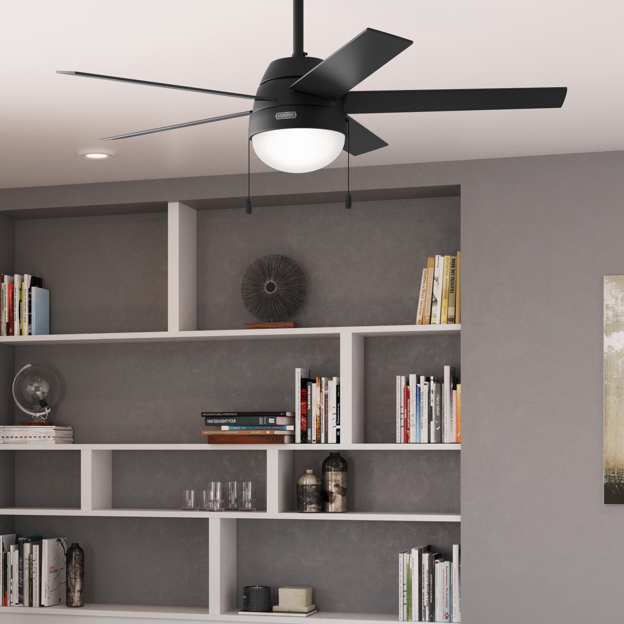 Hunter 52 inch Indoor Ceiling Fan with LED Light - Black Ceiling Fan with Pull Chain, For Bedroom, Living Room, or Kitchen, Standard Mount, No Remote, 5 Blades - Anslee 52385, Matte Black