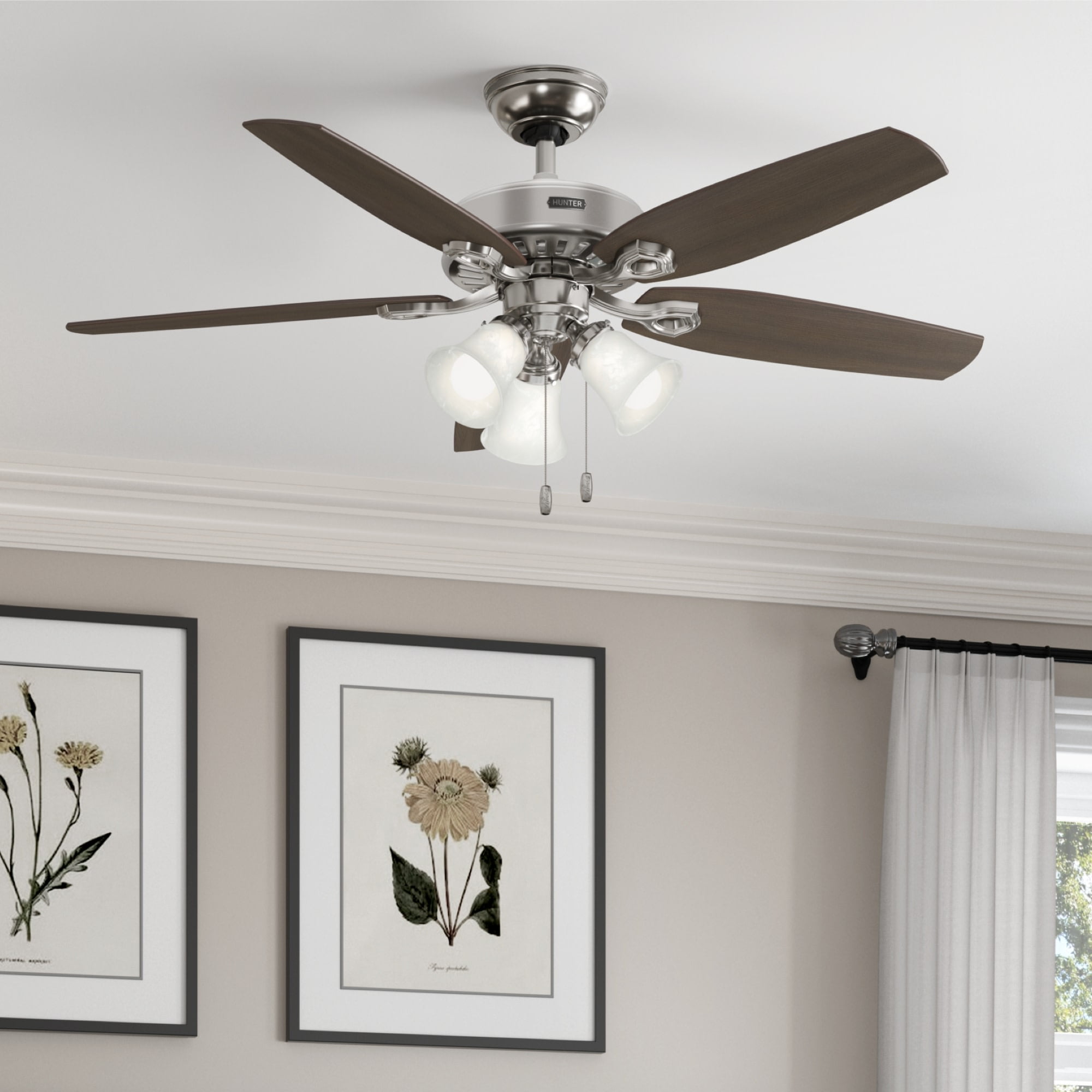 Hunter - Builder Indoor Ceiling Fan With Light, 52-inch, Brushed Nickel, Traditional-style, 3-speed WhisperWind Motor, 53237, for Living Rooms, Bedrooms