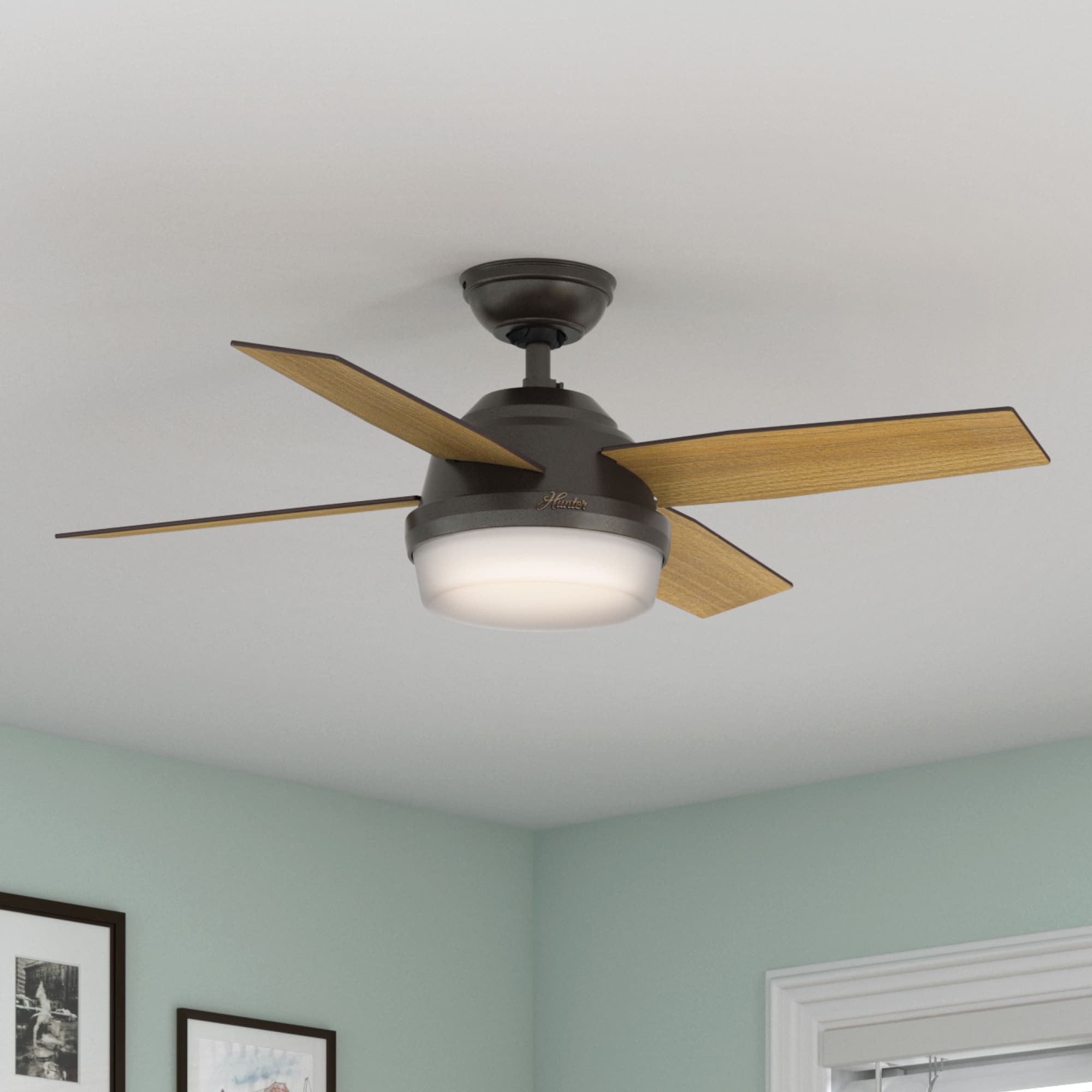 Hunter - Dempsey Indoor Ceiling Fan With Light, Remote, 44-inch, Noble Bronze, Modern-style, 3-speed WhisperWind Motor, 59444, for Living Rooms, Bedrooms