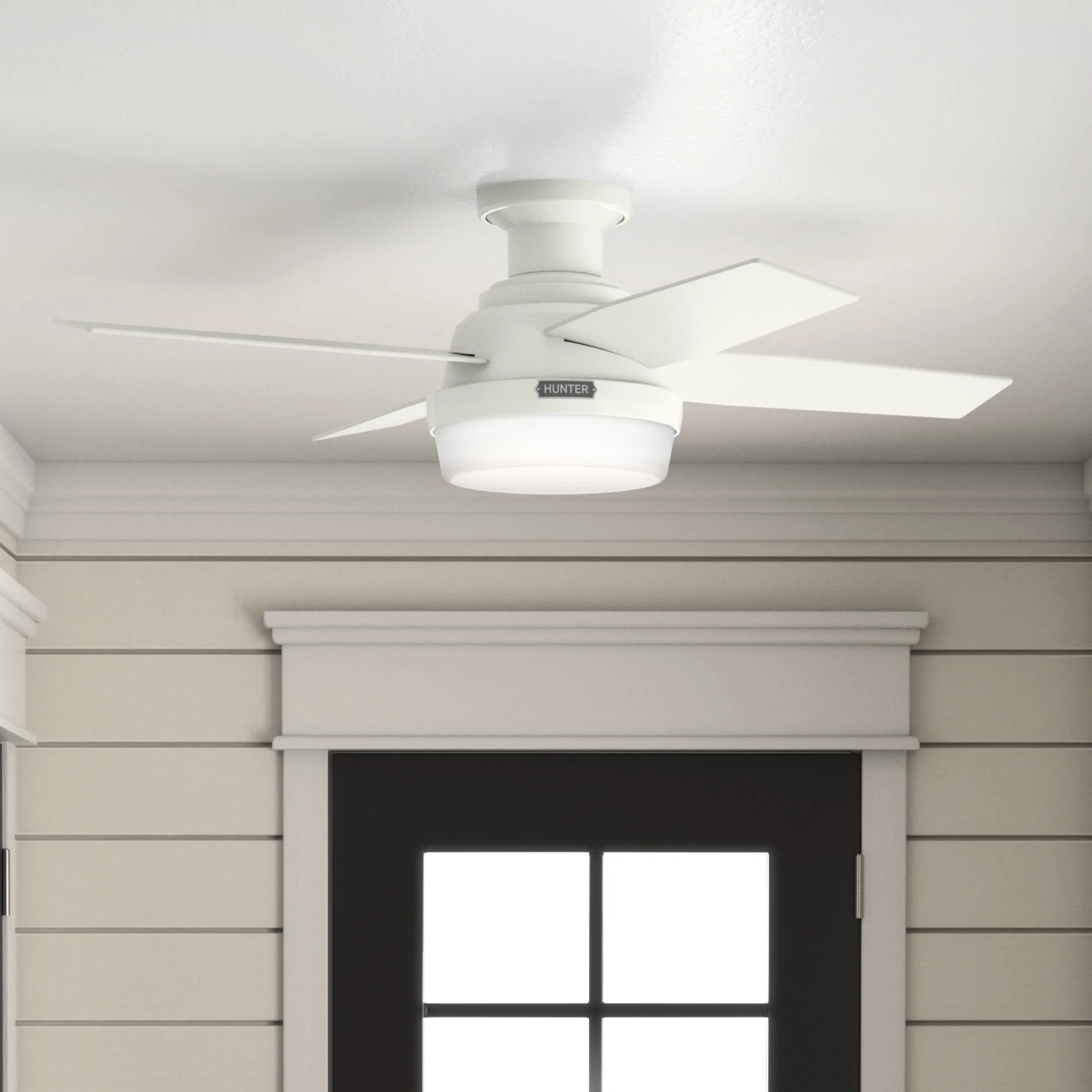 Hunter 44 inch Indoor Ceiling Fan with LED Light and Remote Control - White Modern Ceiling Fan, Low Profile Mount, 4 Blades, For Bedroom, Living Room, or Kitchen, Quiet - Dempsey 59244, Fresh White