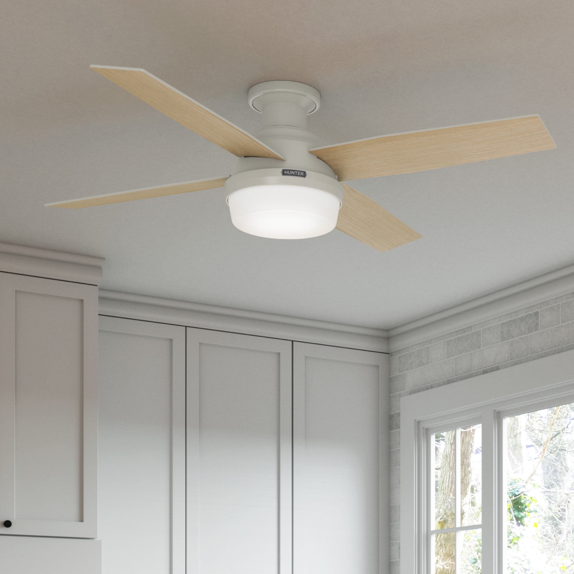 Hunter - Dempsey Indoor Low Profile Ceiling Fan With Light, Remote, 52-inch, Fresh White, Modern-style, 3-speed WhisperWind Motor, 59242, for Living Rooms, Bedrooms