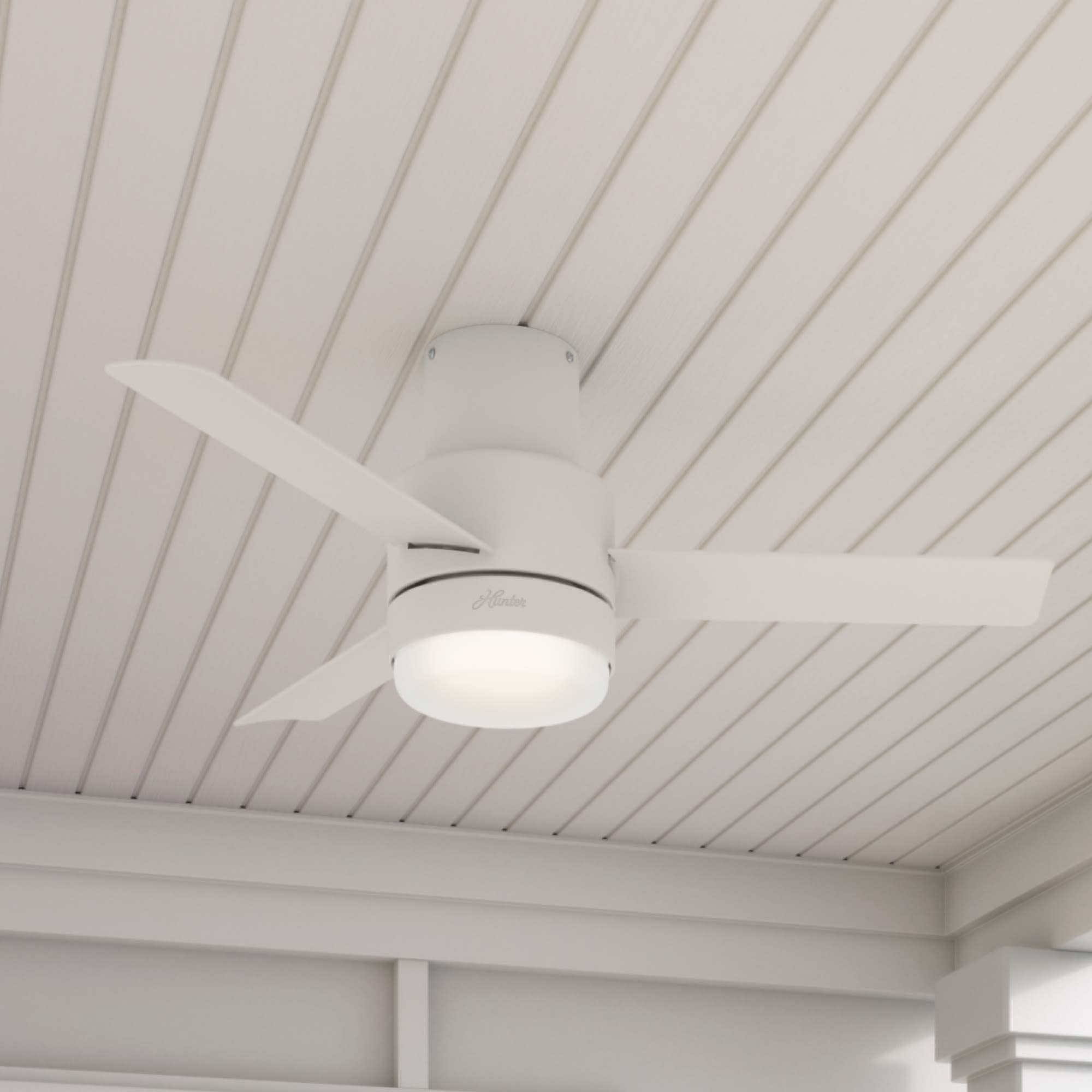 Hunter - Gilmour Indoor/Outdoor Low Profile Ceiling Fan With Light, Remote, 44-inch, Matte White, Casual-style, 3-speed WhisperWind Motor, 51334, for Porches, Bathrooms