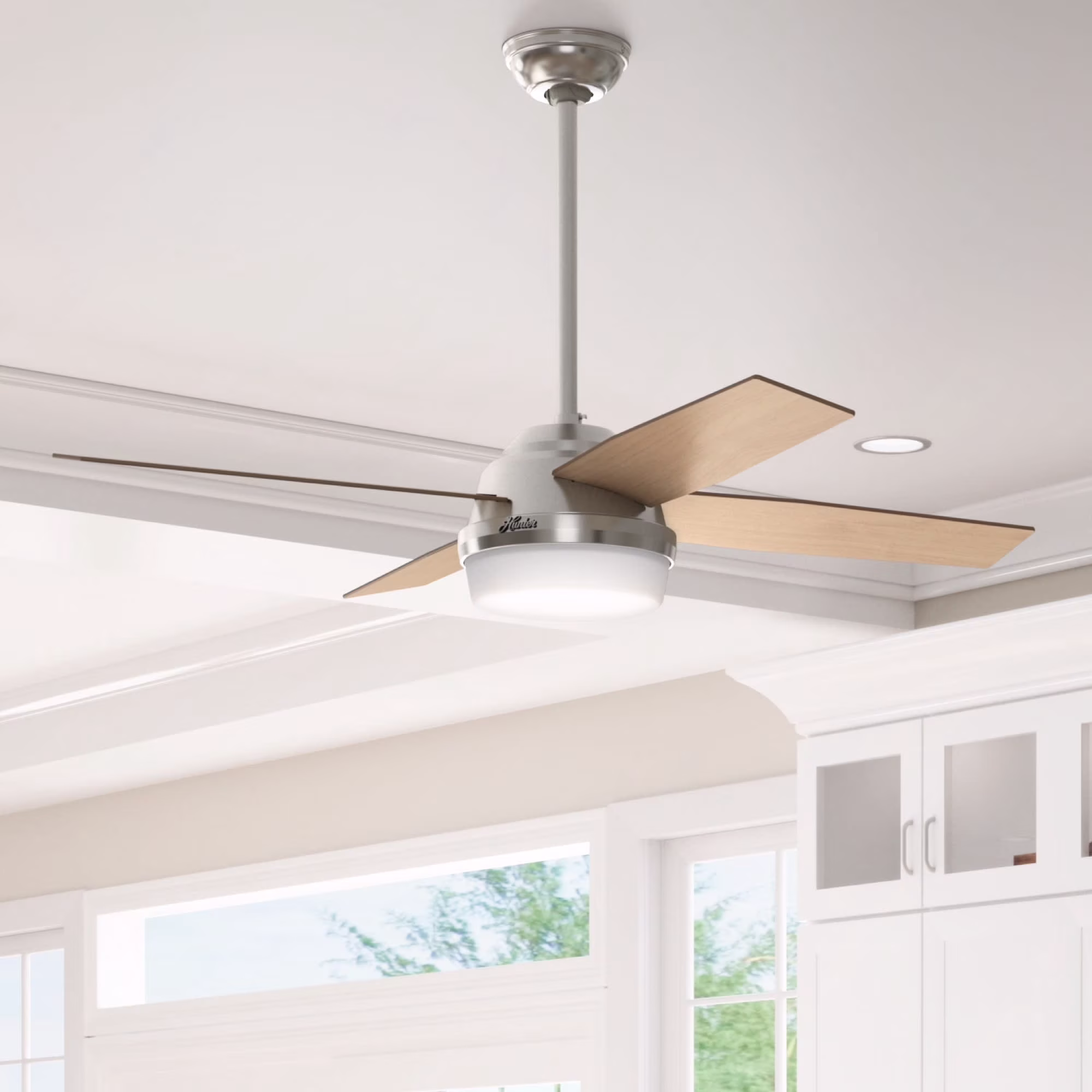 Hunter 52 inch Indoor Ceiling Fan with LED Light and Remote Control - Modern Ceiling Fan, Standard Mount, 4 Light Gray Oak Blades, For Bedroom, Living Room, or Kitchen - Dempsey 50284, Brushed Nickel