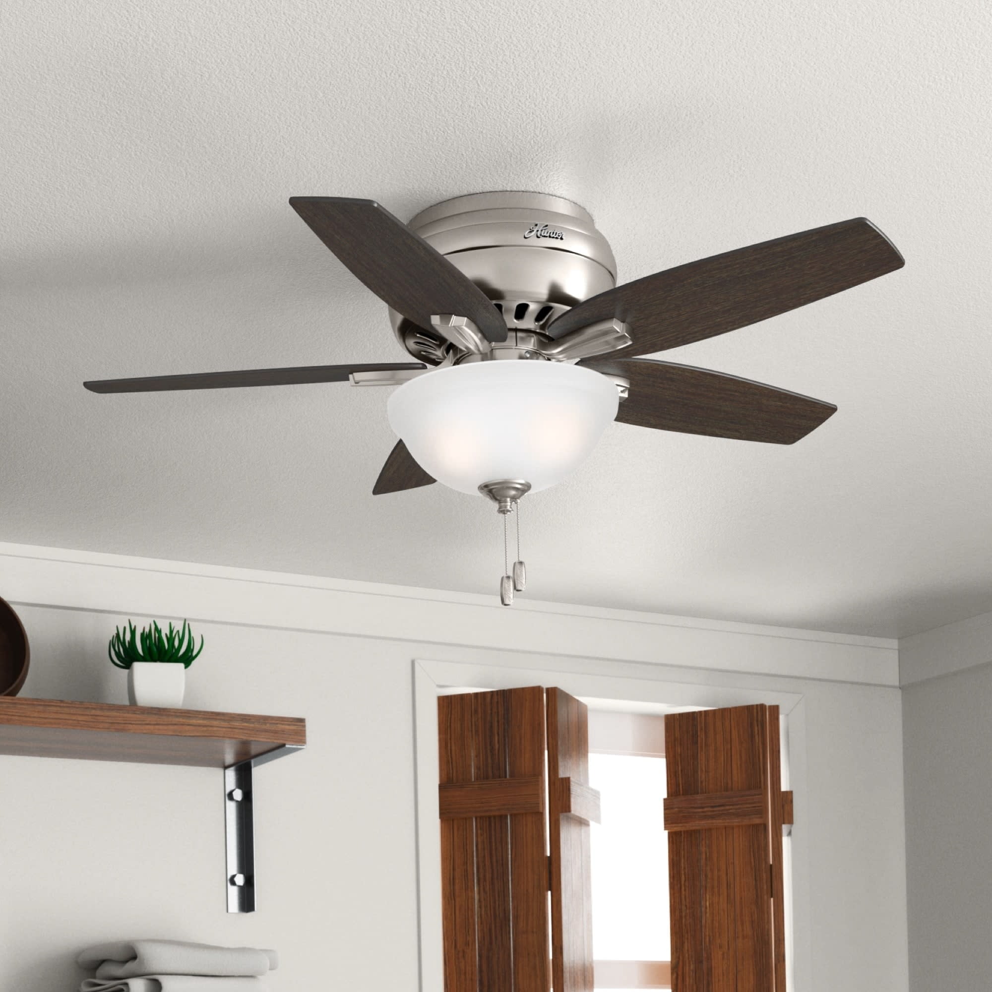 Hunter 42 inch Indoor Ceiling Fan with LED Light - Ceiling Fan with Pull Chain, For Bedroom or Living Room, Low Profile Mount, No Remote, 5 Blades, Includes Bulbs - Newsome 51082, Brushed Nickel