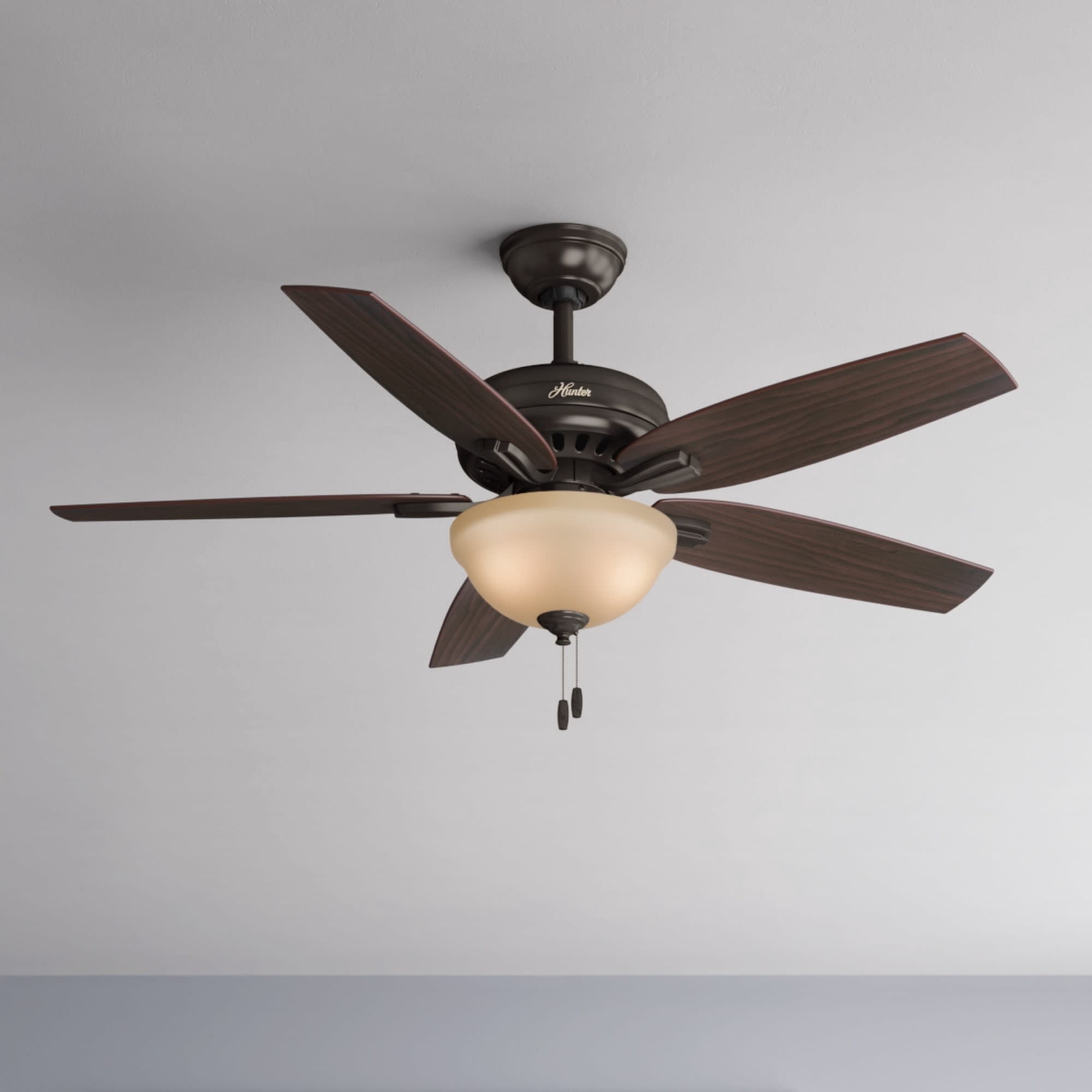 Hunter 52 inch Indoor Ceiling Fan with LED Light - Bronze Ceiling Fan with Pull Chain, For Bedroom or Living Room, Standard Mount, No Remote, 5 Blades, Includes Bulbs - Newsome 53311, Premier Bronze