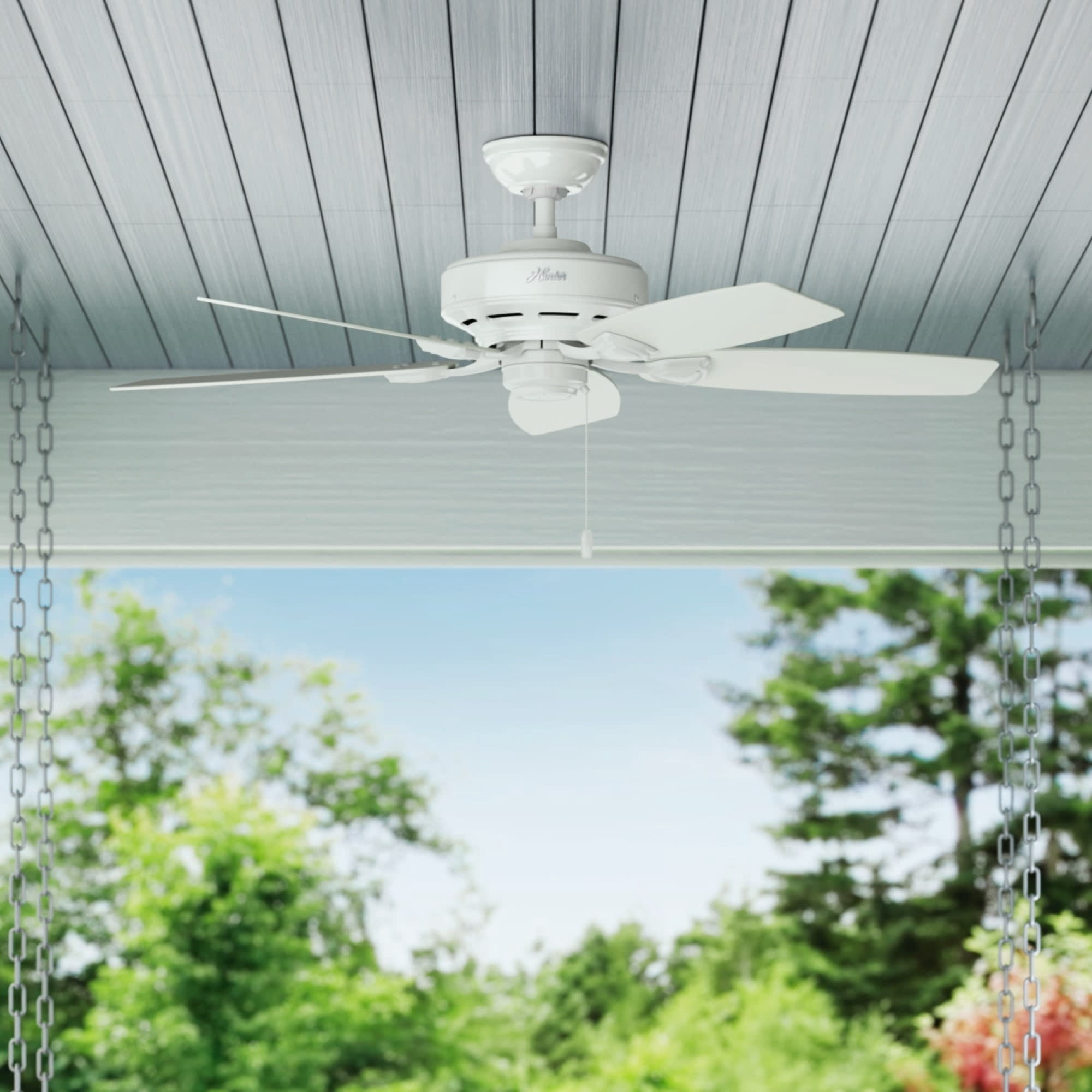Hunter 48 inch Outdoor or Indoor Ceiling Fan No Light - White Ceiling Fan without Light, Standard Mount, For Patio, Porch, Garage, or Living Room, 5 Blades, Pull Chain - Sea Wind 53350, White