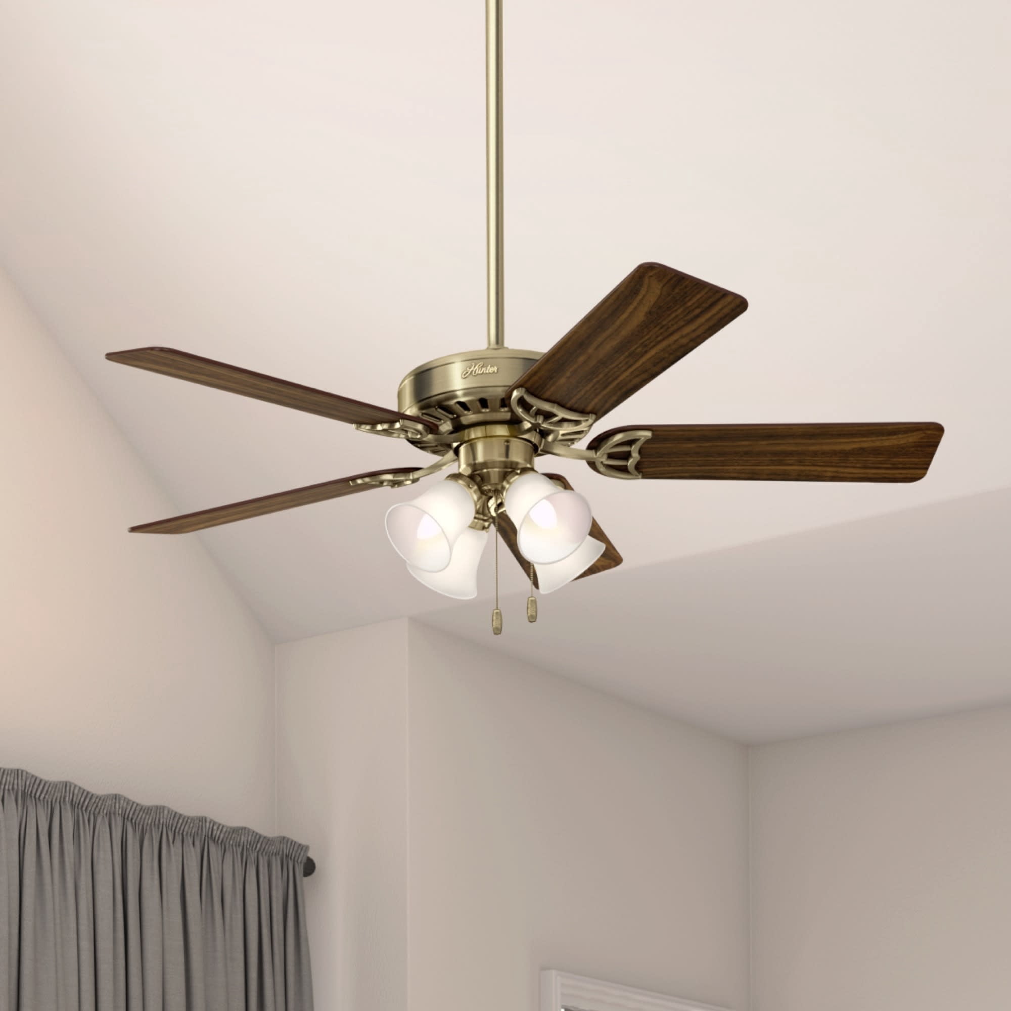 Hunter 52 inch Indoor Ceiling Fan with LED Lights and Pull Chain - Brass Ceiling Fan, Standard Mount, 5 Blades, For Bedroom, Living Room, or Kitchen, Quiet - Studio Series 53063, Antique Brass