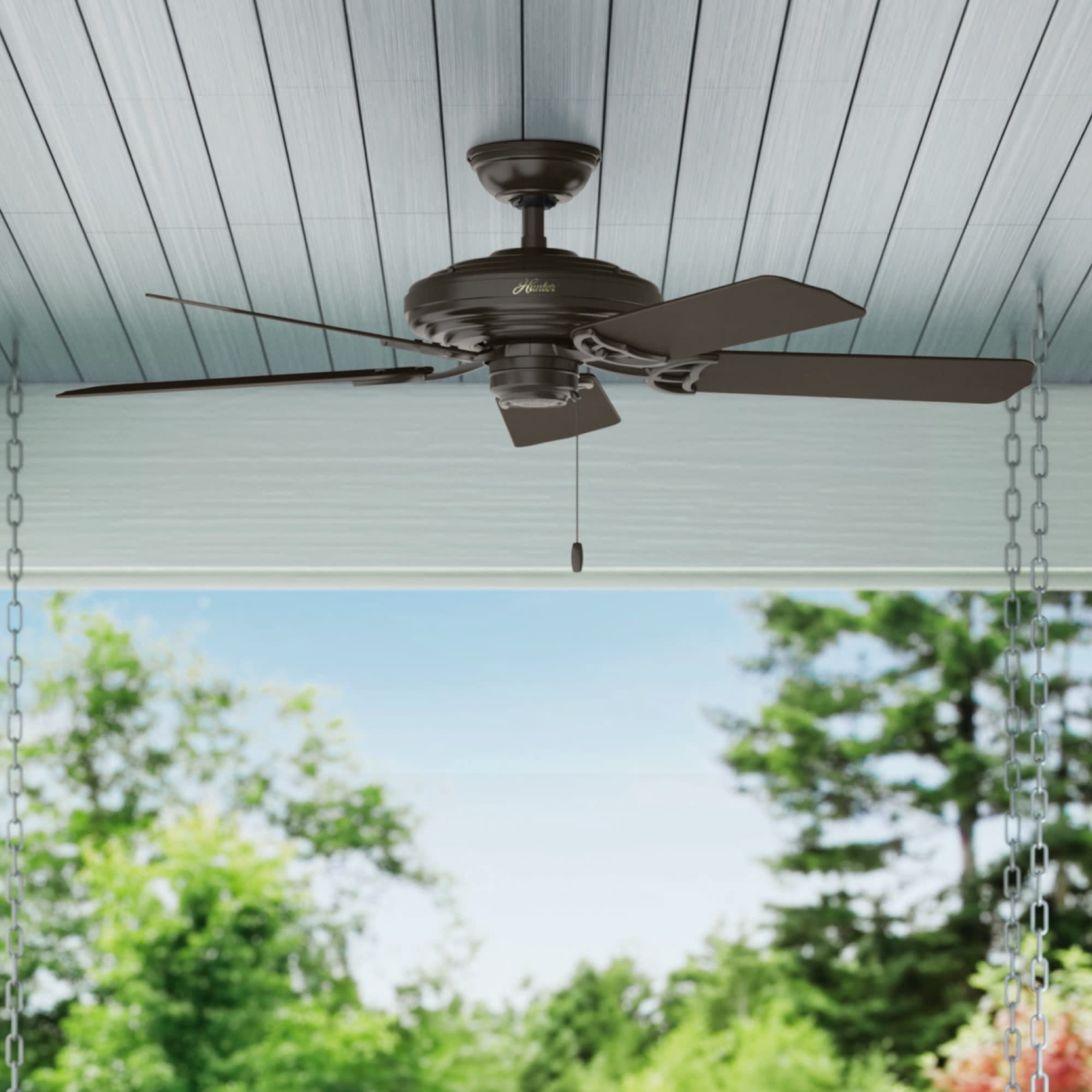 Hunter 52 inch Outdoor or Indoor Ceiling Fan No Light - Bronze Ceiling Fan without Light, For Patio, Porch, Garage, or Living Room, Standard Mount, 5 Blades, Pull Chain - Sea Air 53061, New Bronze
