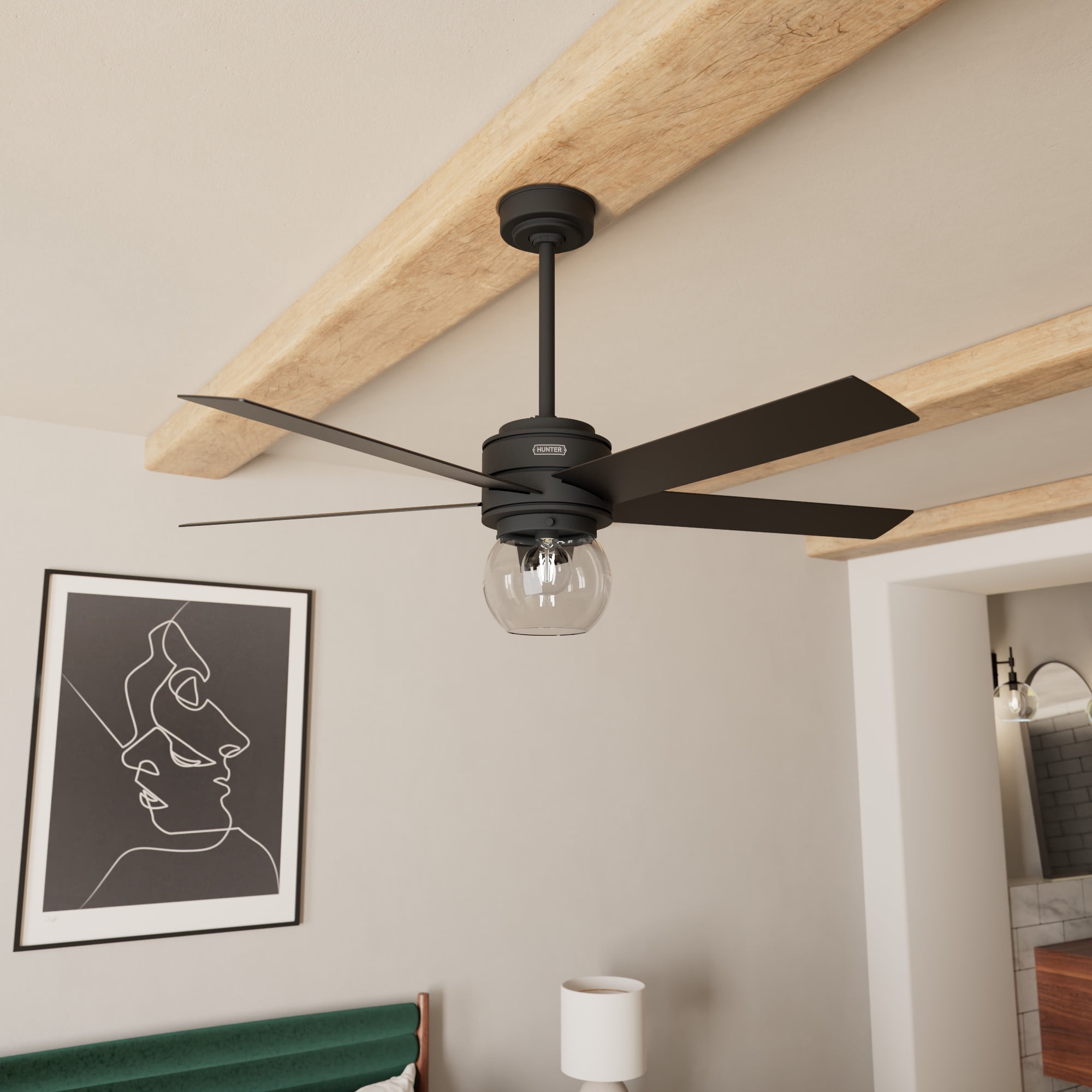 Hunter - Xidane Indoor Ceiling Fan With Light, Remote, 52-inch, Matte Black, Casual-style, 3-speed WhisperWind Motor, 52655, for Living Rooms, Bedrooms