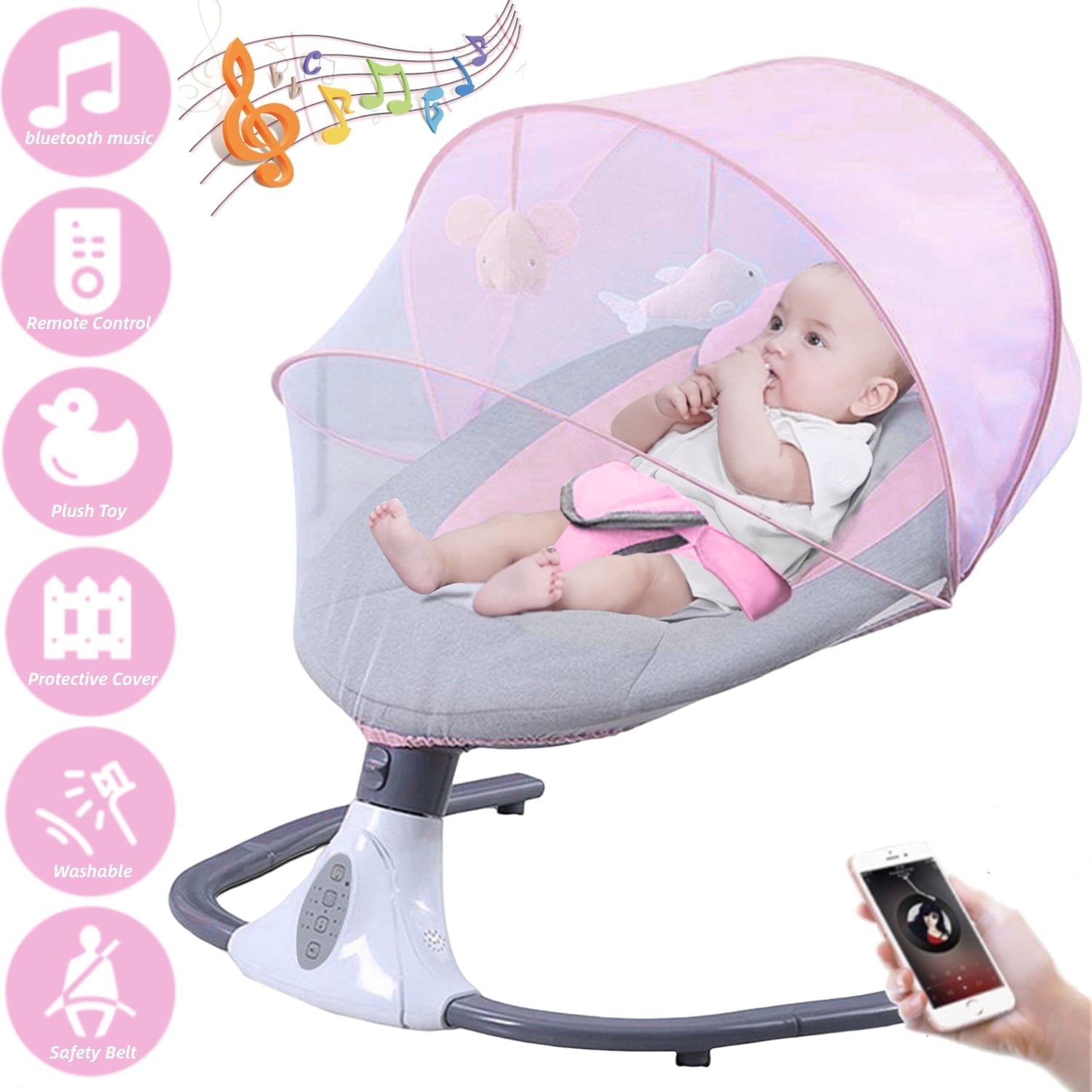 Hurber Electric Baby Swing, Infant Bouncer Chair with Remote Control, Bluetooth Music, 12 Lullabies, 4 Speeds, 4 Timing Set, Unisex, Pink