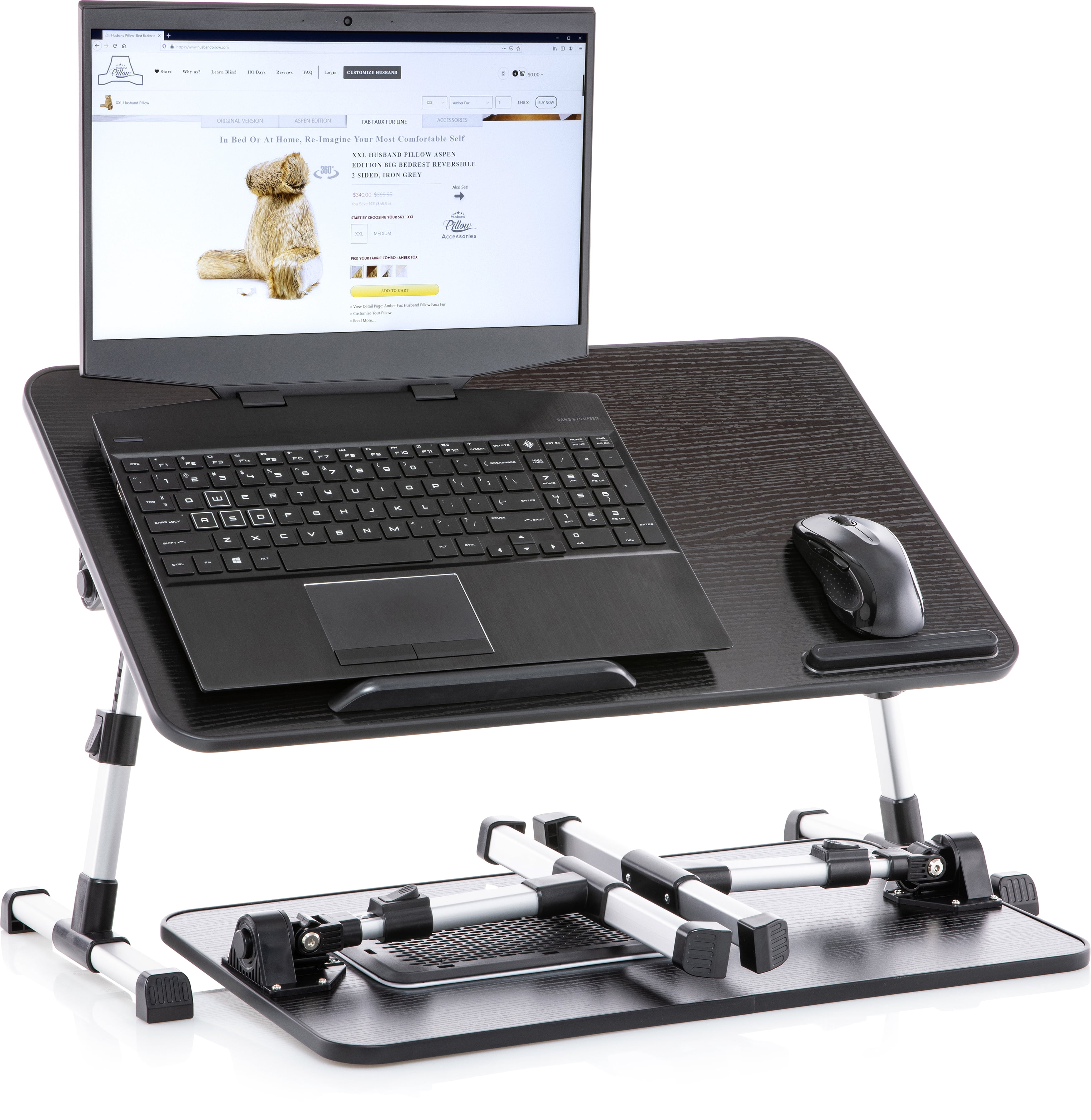 Husband Pillow - Lap Desk Black Wood Small Top - Fits Up to 17" Laptop - with Dual Cushion, Wrist Rest & Built-in Mouse Pad, Portable Laptop Stand for Bed, Multifunctional Slot for Tablet, Pen & Phone