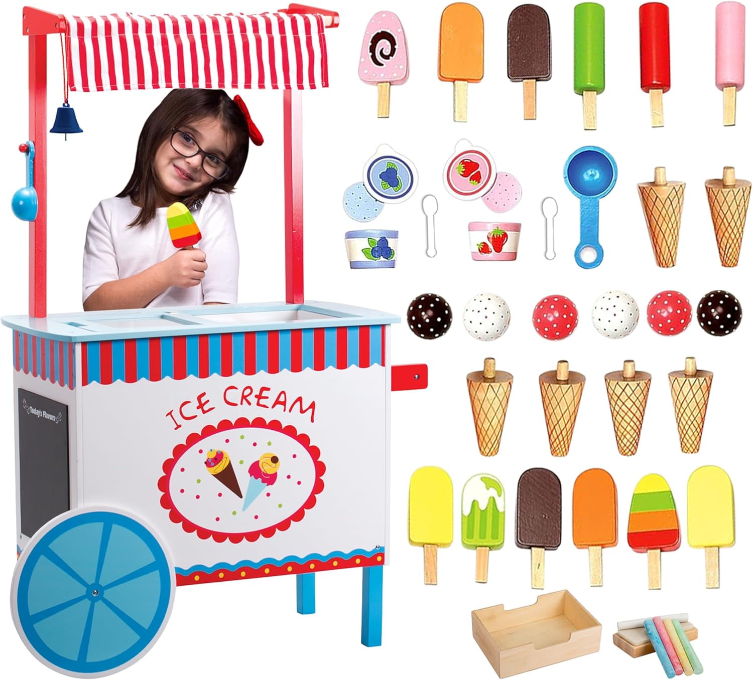 Ice Cream Cart Kids Pretend Play Stand- 33+ Pc Accessories, Realistic Premium Wooden Toy Set, Money Box, Chalkboard & Ice Cream Truck- Popsicles, Cones & Unique Flavors, Girls Boys Role Play