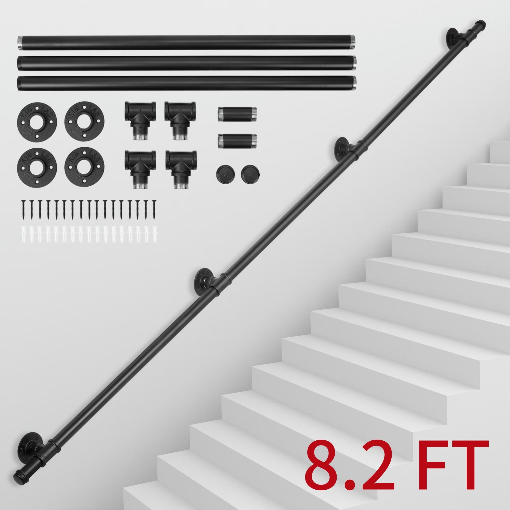 IAJXWI 8.2 ft Pipe Stair Handrail, Wall-mounted Staircase Industrial-Style Pipe Handrail for Outside Indoor, Black