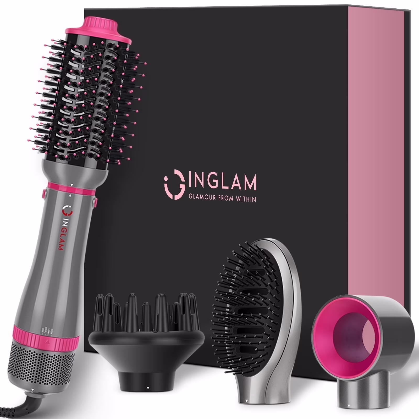 IG INGLAM 4 in 1 Hair Appliance, Hair Dryer Brush, Detachable Brush Hair Dryer Set, Negative Ion Blowout Brush for Straightening/ Drying/ Curling/ Styling, Gray