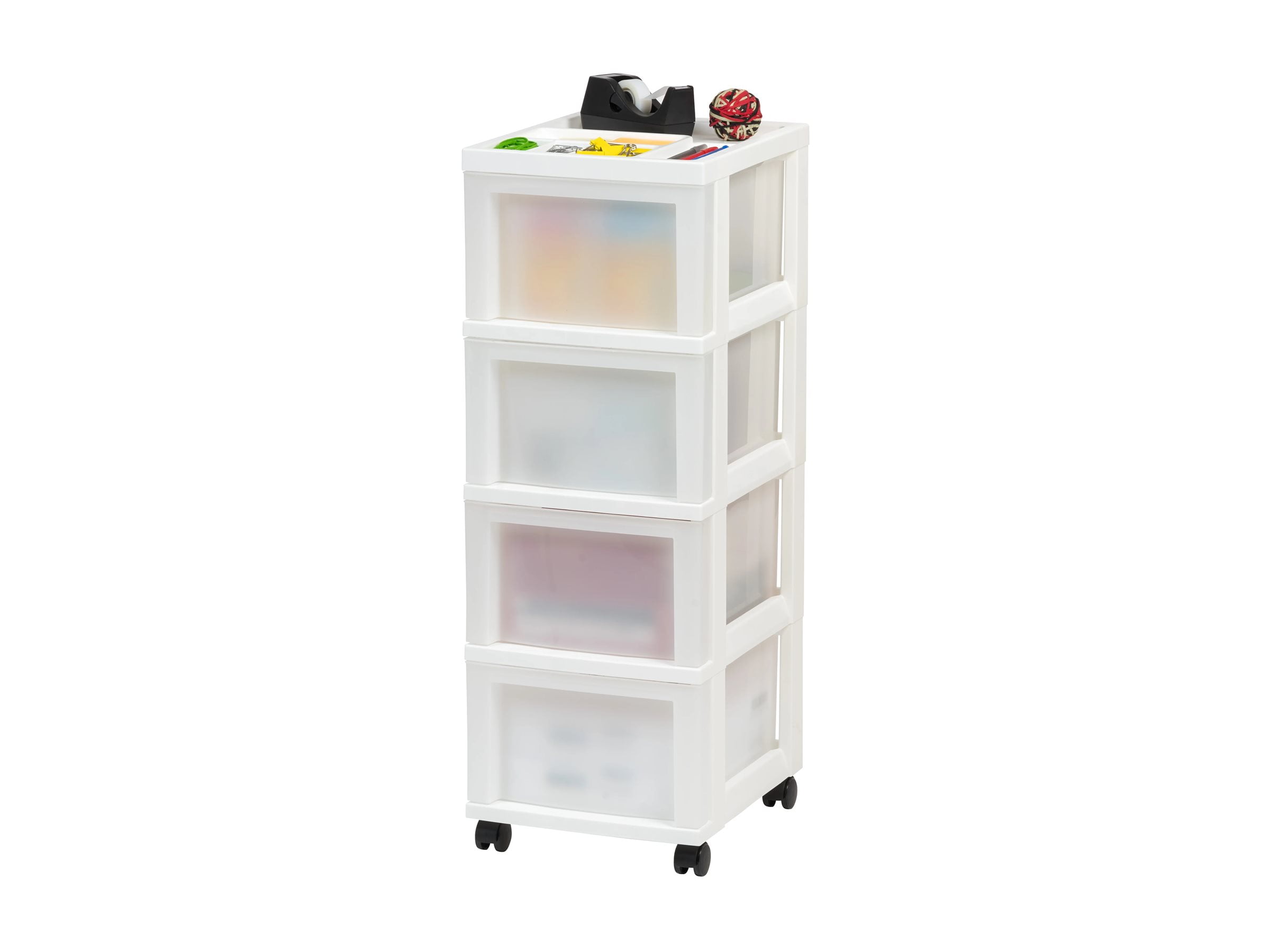 IRIS 4-Drawer Narrow Plastic Storage Drawer Cart with Organizer Top, White