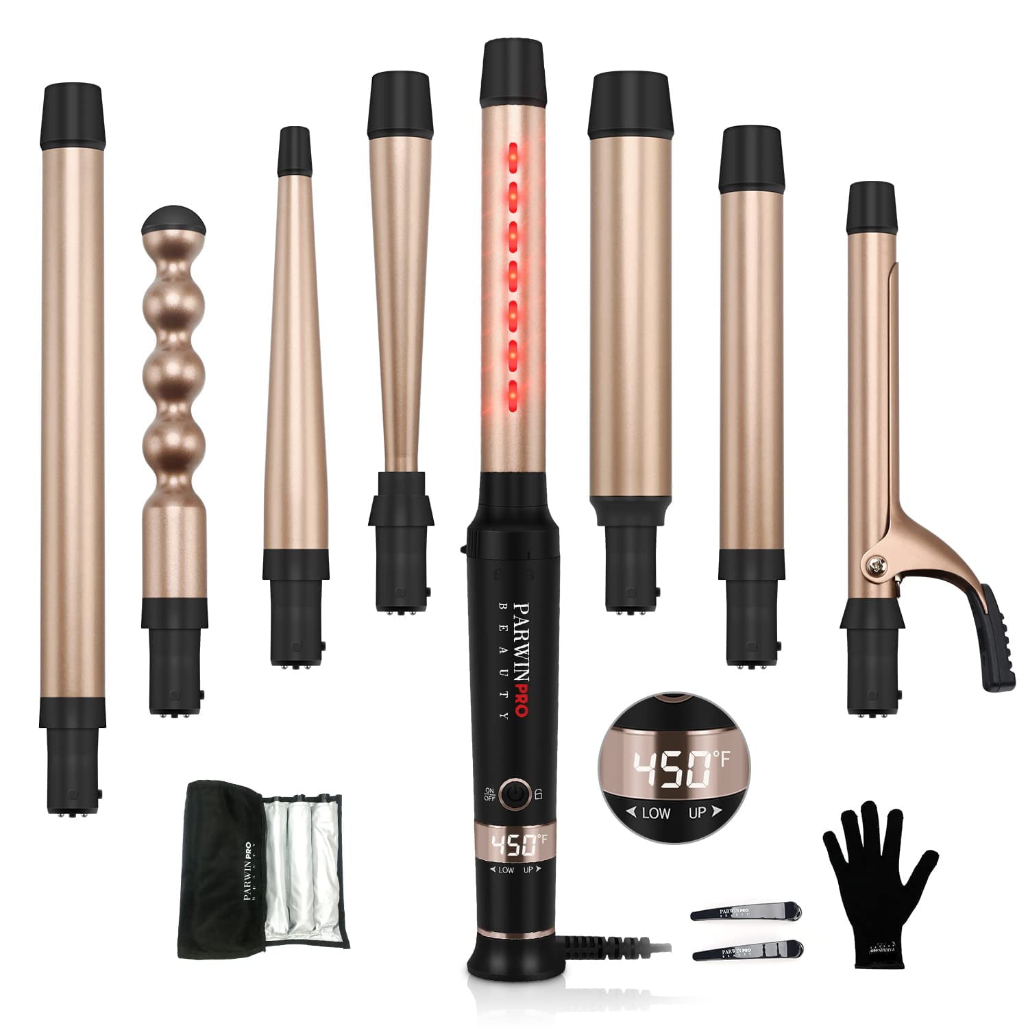 Infrared Interchangeable 8 in 1 Curling Iron Set, Hair Curler Wand for Long Hair, LED Temperature Control,Glove and 2 Hair Clips