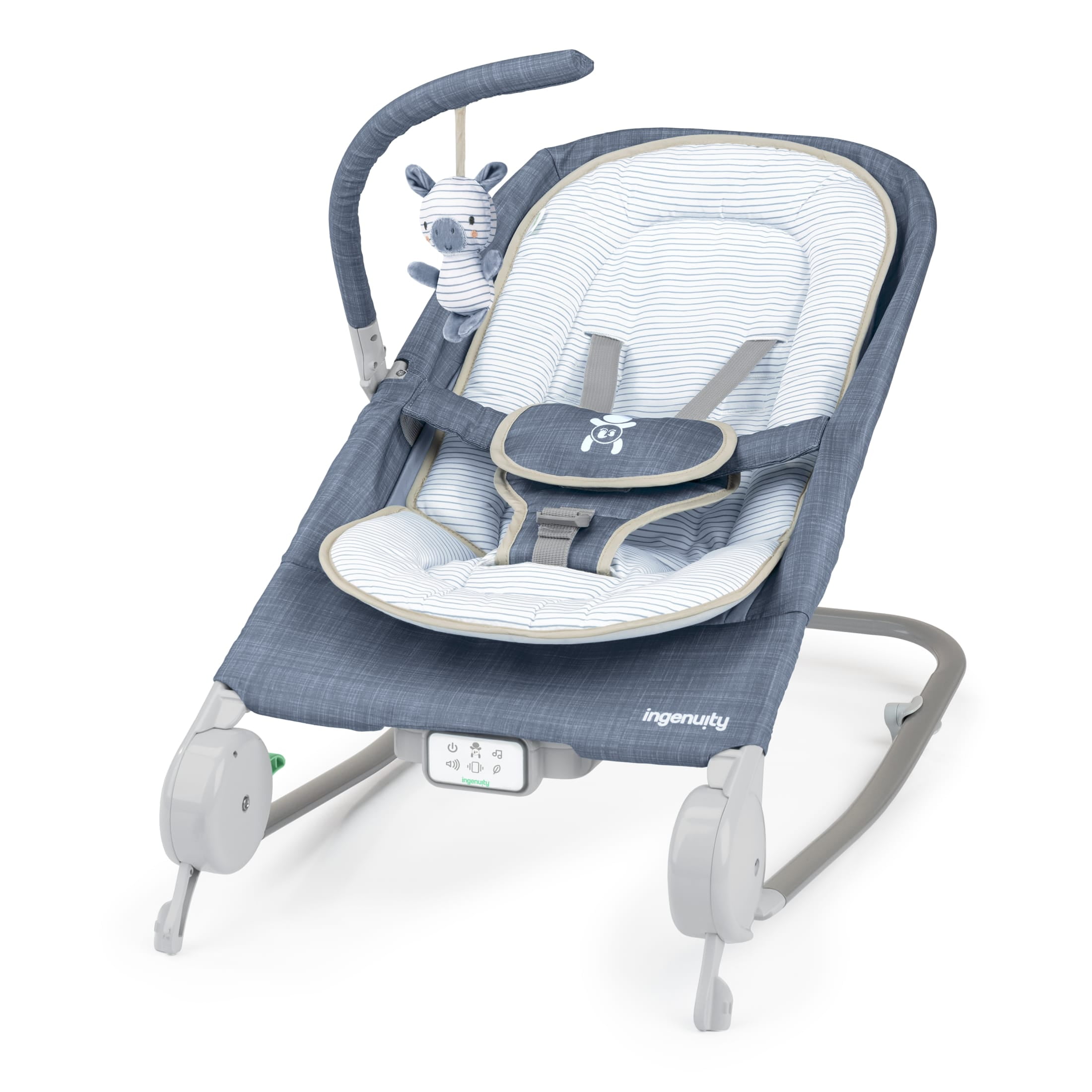 Ingenuity Happy Belly Rock-to-Bounce Infant Baby Massage Seat,Bouncer and Rocker For Ages 0-6 Months, Unisex, Blue - Chambray