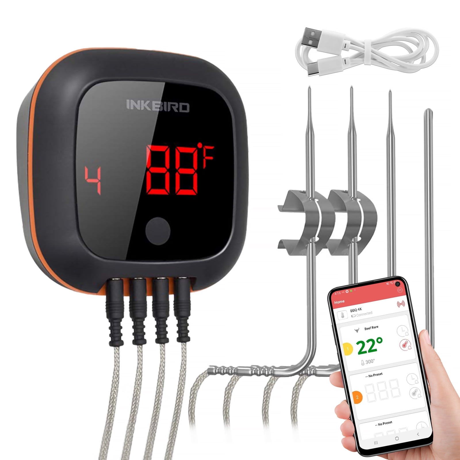 Inkbird IBT-4XS LED Display Wireless Grill Thermometer with 4 Probes