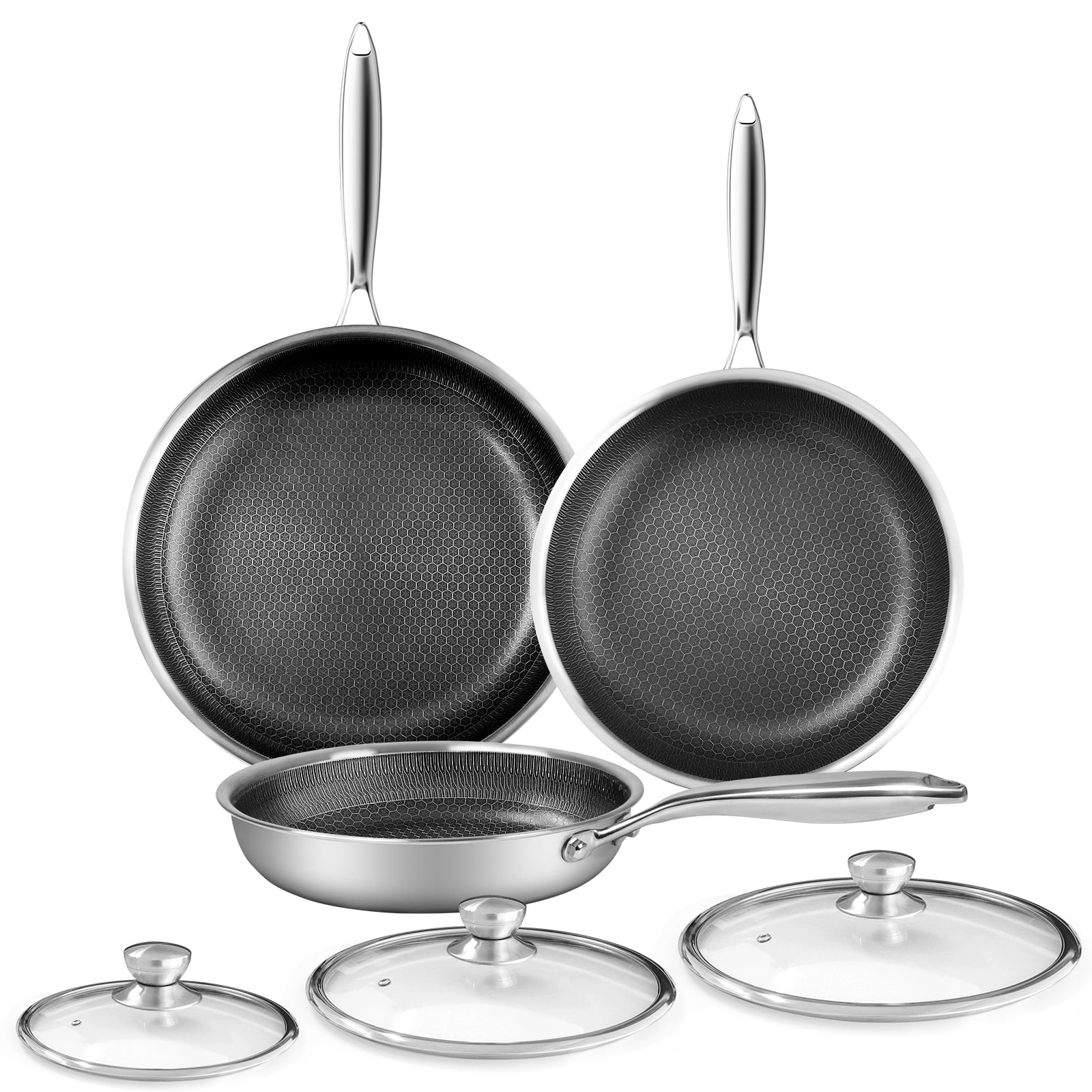 Innerwell 6pcs Stainless Steel Frying Pan Set Cookerware Vintage Honeycomb Ceramic Lacquered with Lid