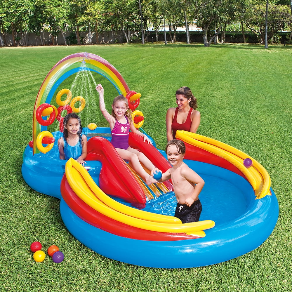 Intex 9.75 x 6.3 Ft Rainbow Slide Inflatable Pool Water Slide Ring Center