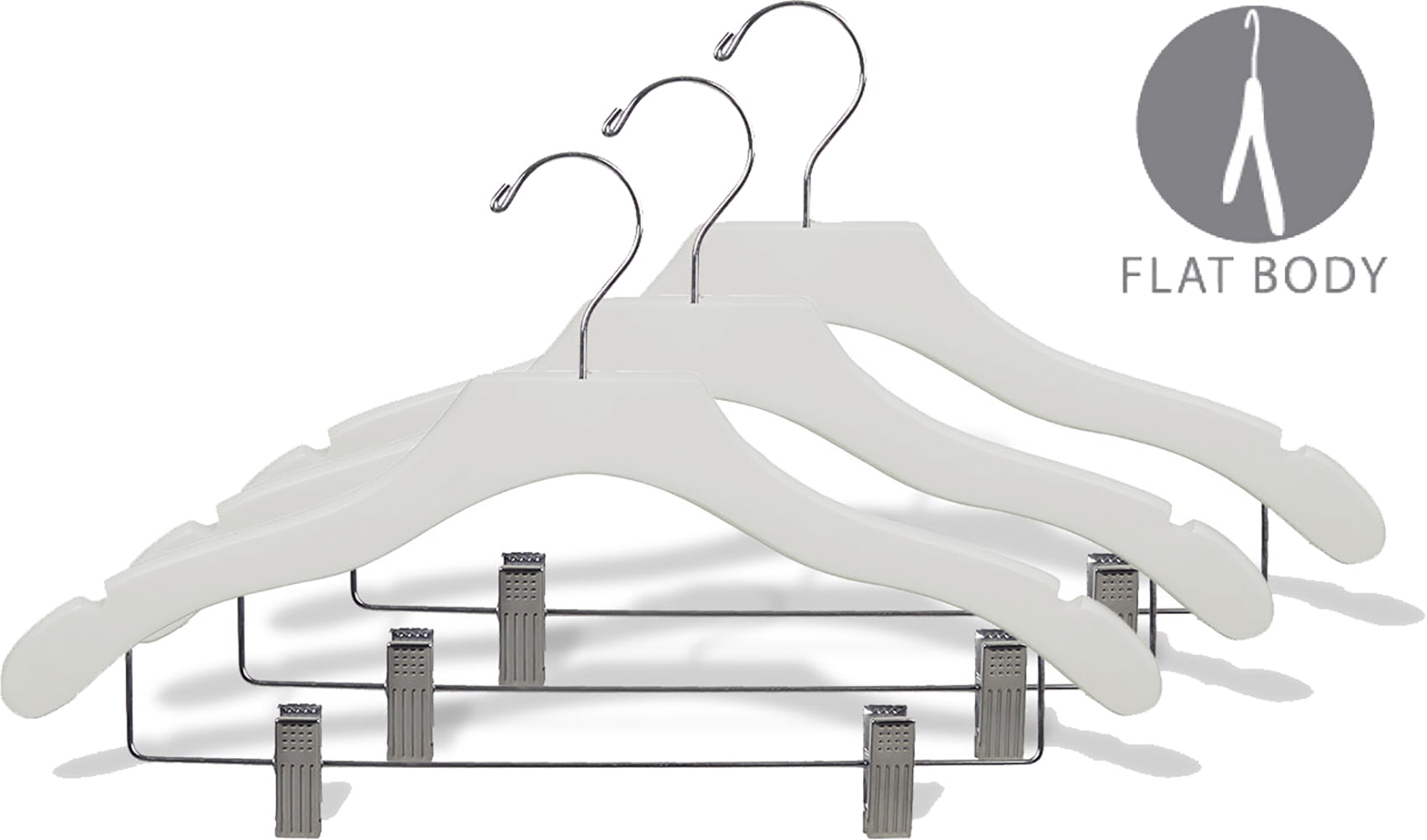 International Hanger, White Wood Wavy Combo Hanger w/Adjustable Cushion Clips, 25 Pack