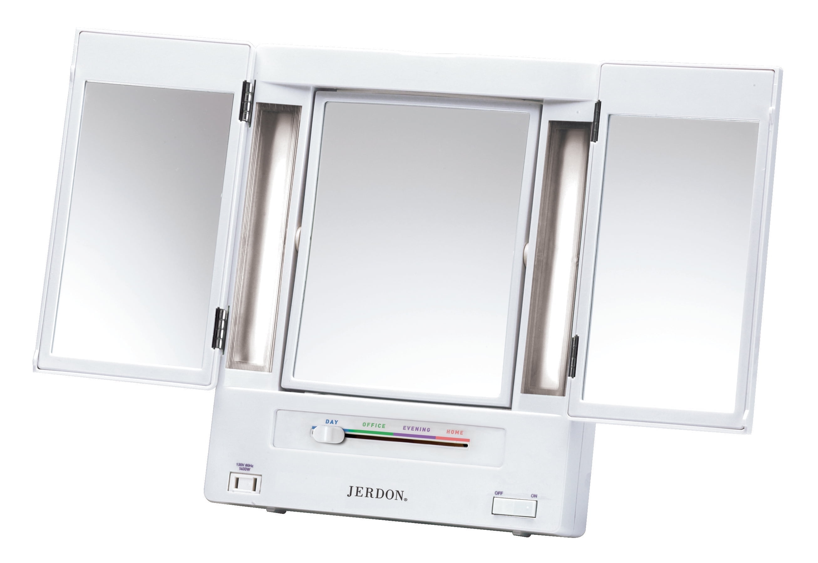 Jerdon Tri-Fold Makeup Mirror with Variable Light Settings, 5X- 1X Magnification, White-Model JGL9W