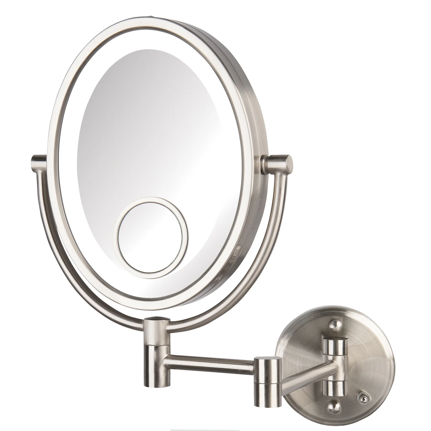 Jerdon 8 inch by 10 inch Oval Wall-Mounted Lighted Makeup Mirror with 10X-1X and 15X Spot Magnification, Nickel Finish, Direct Wire -Model HL9515NLD