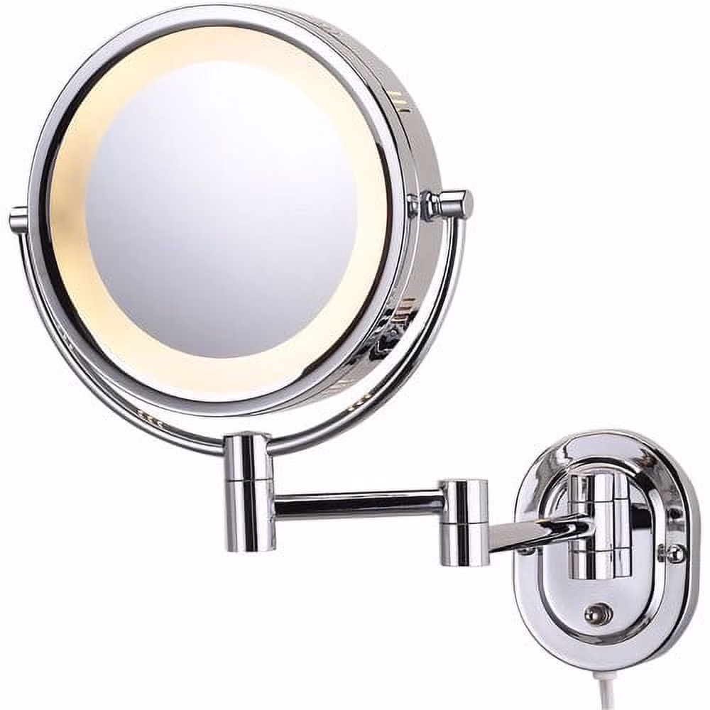 Jerdon Wall-Mounted Makeup Mirror with 5X Magnification - Chrome Makeup Mirror with LED Lights - Plug in - HL65C