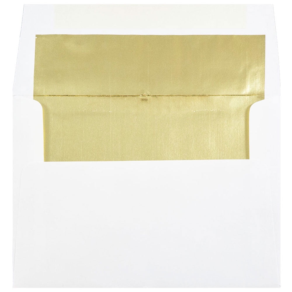 JAM Paper A7 Foil Lined Invitation Envelopes, 5 1/4 x 7 1/4, White with Gold Foil, Bulk 250/Box