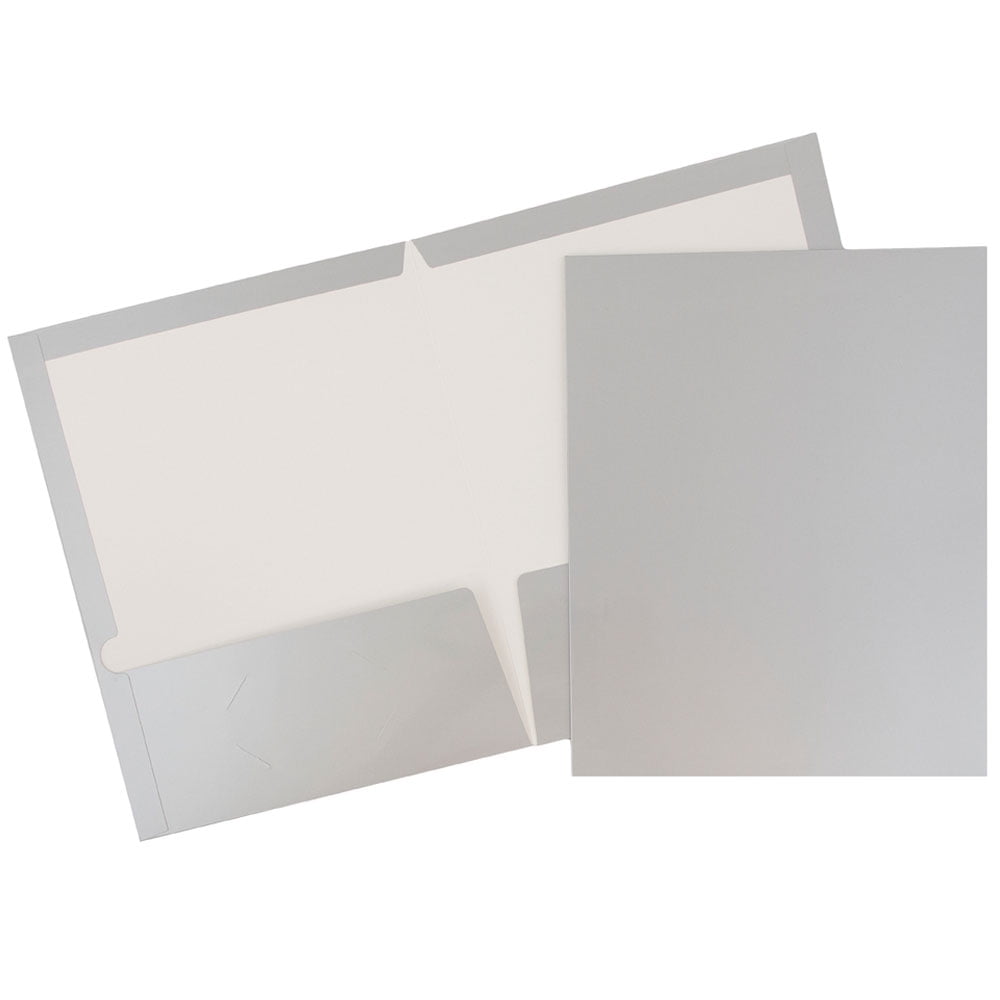 JAM Paper Glossy Two Pocket Folders, Silver, 100/Pack