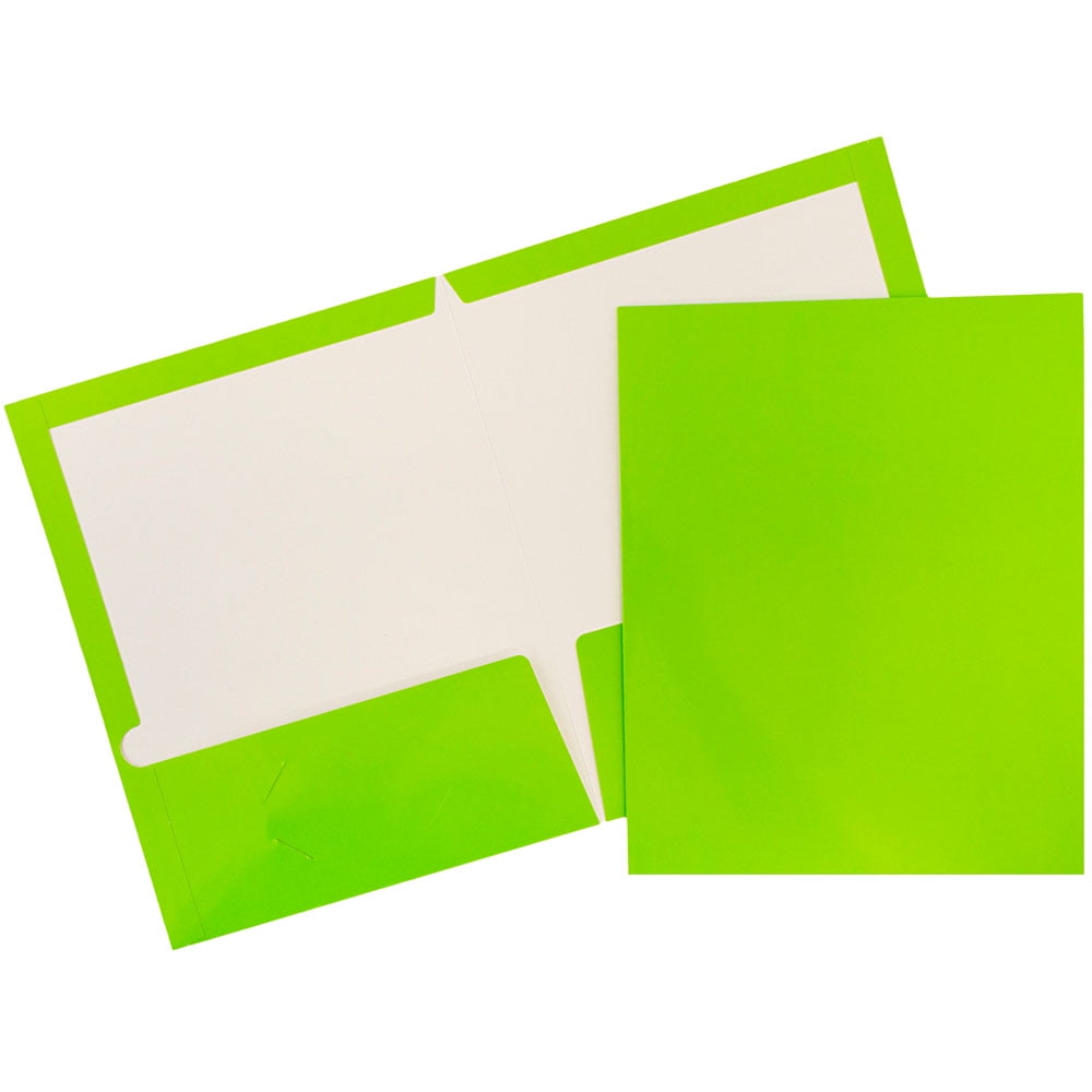 JAM Paper Laminated Two Pocket Glossy Folders, Lime Green, Bulk 100/Box