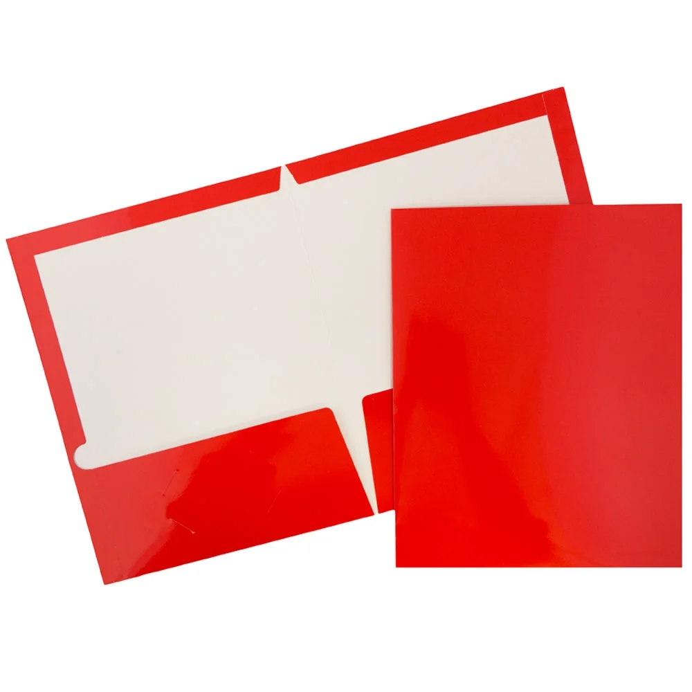 JAM Paper Laminated Two Pocket Glossy Folders, Red, Bulk 100/Box