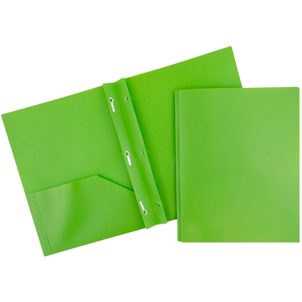 JAM Paper Plastic 2 Pocket School POP Folders with Metal Prongs Fastener Clasps, Lime Green, Bulk 96/Pack