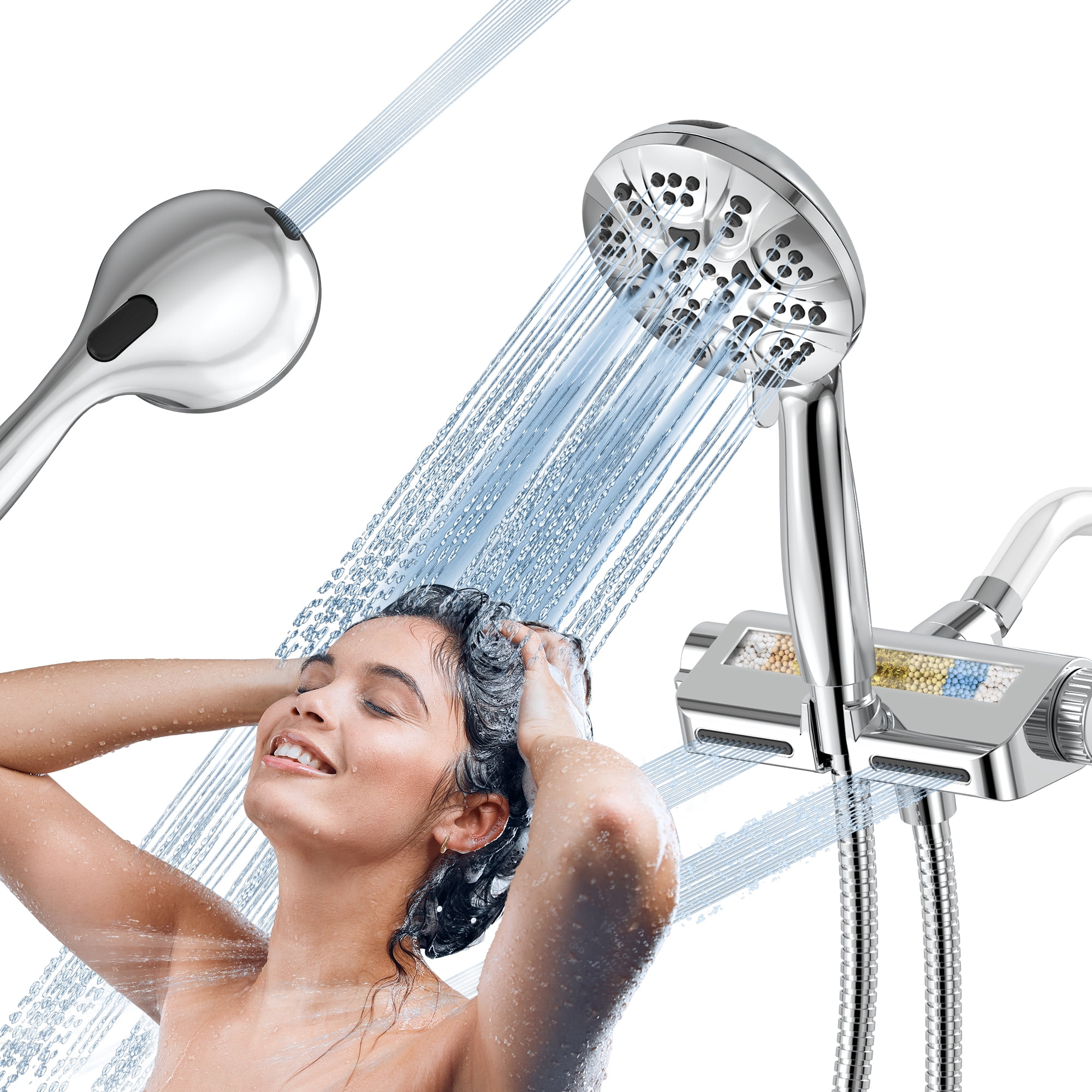 JDO High Pressure Dual Shower Head with Filter, 7+1 Modes Handheld Showerhead with Stainless Steel Hose, 3-In-1 Luxury Spa System With Massage Setting