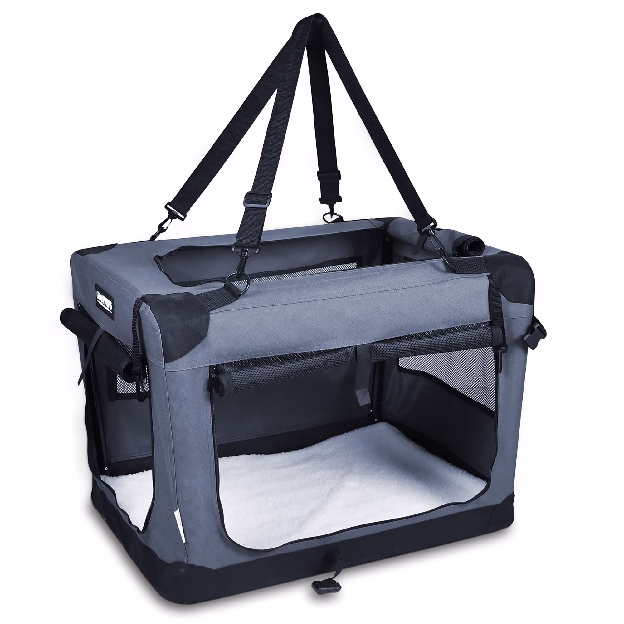 JESPET & GOOPAWS: 27" Soft Pet Crate - Grey - Dogs & Cats Up to 35 lbs, 3 Door Folding Kennel, Indoor Outdoor Travel Carrier, Mesh Windows, Fleece Mat