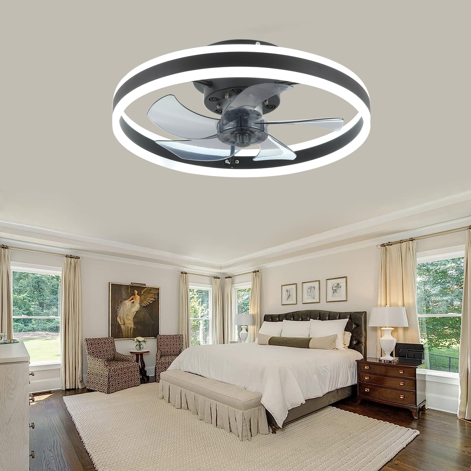 JLPAN Ceiling Fans with Lights, Low Profile Flush Mount Modern Bladeless Ceiling Fan and Remote Control, 19.7" Dimmable LED 3 Colors and 6 Speeds - Black