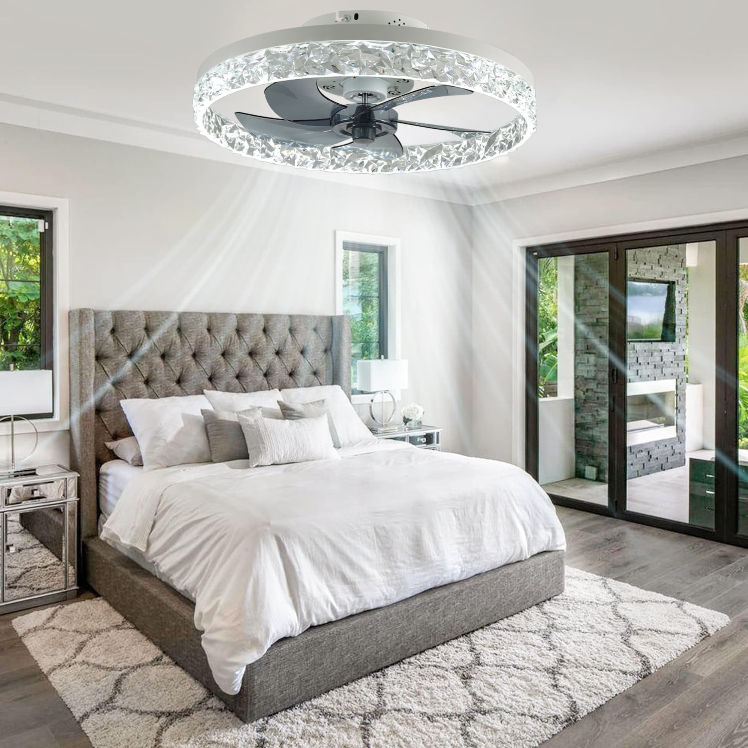 JLPAN Modern Ceiling Fans with Lights and Remote,19.7" Dimmable Low Profile Ceiling Fan, Flush Mount Bladeless Ceiling Fan, Stepless Color Temperature Change and 6 Speeds,White