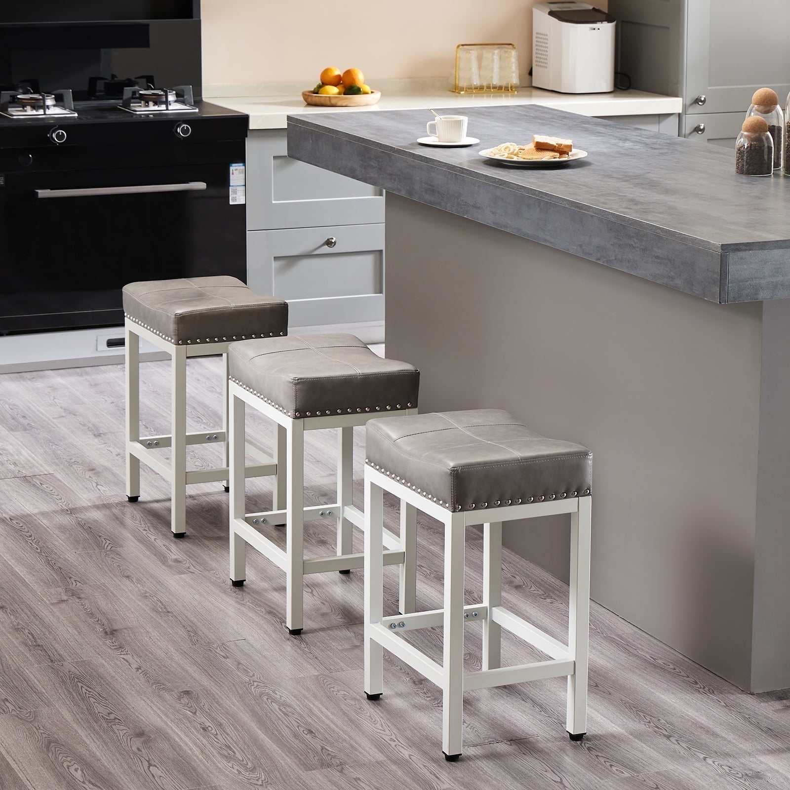 JOINSUN Bar Stools Set of 4, Hight 24 Inch Kitchen Barstools with Metal Base, PU Leather Saddle Seats for Kitchen, Gray