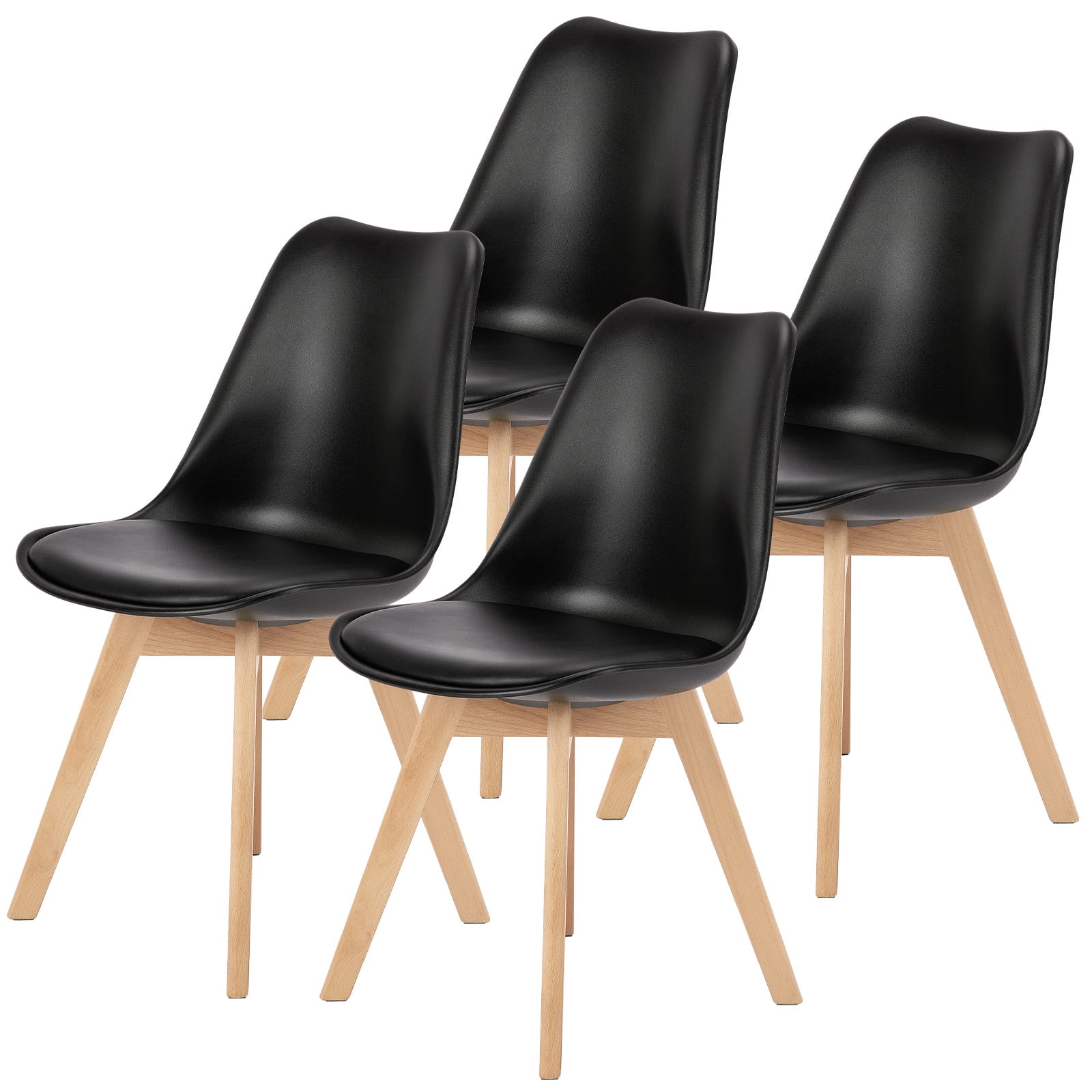 JOINSUN Set of 4 Dining Chairs with Comfortable PU Leather Cushions and Sturdy Wooden Legs, Black