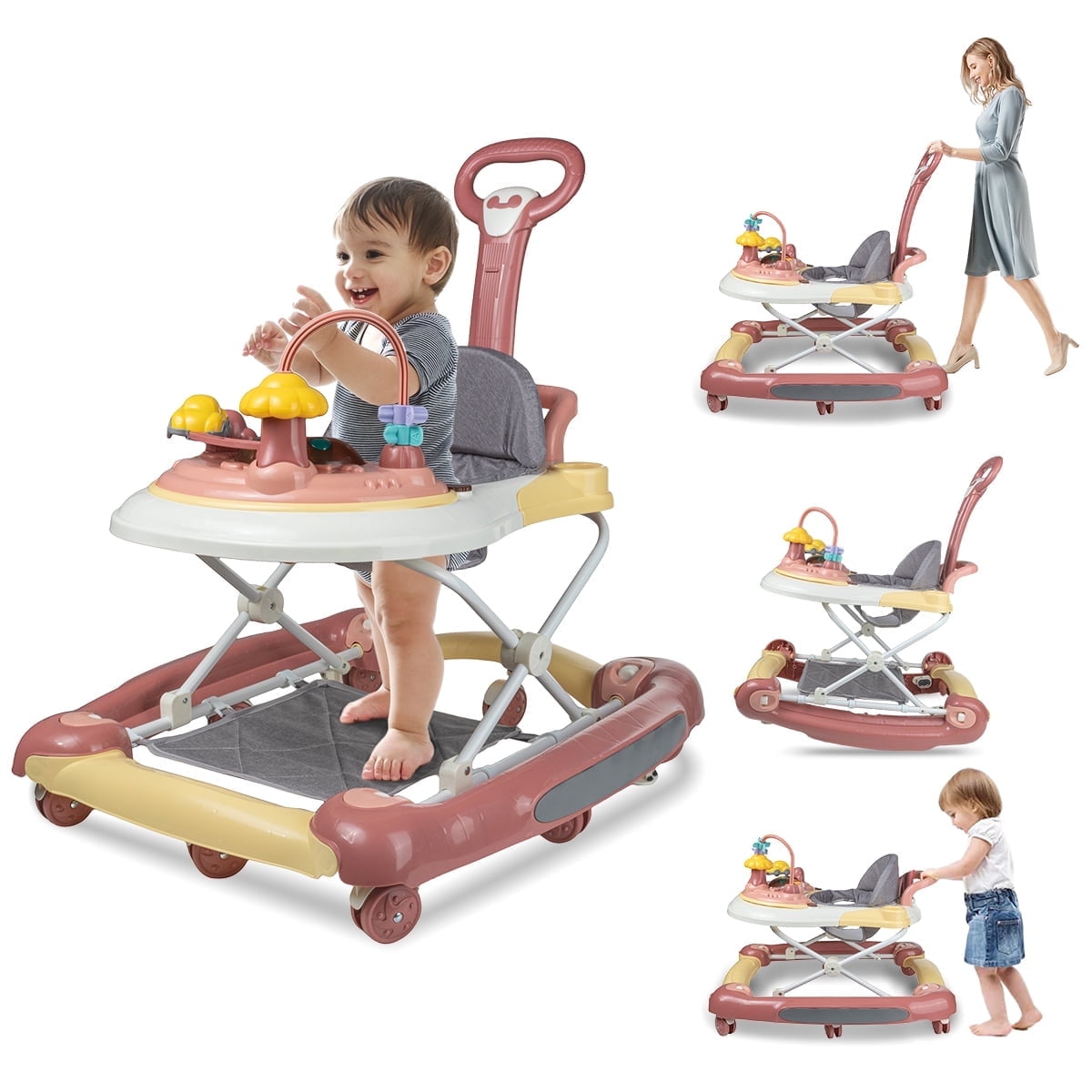 FACNOATIHN 5-in-1 Baby Walker, Musical Activity Push Walker with Detachable Awning Footrest, Adjustable Height, Pink