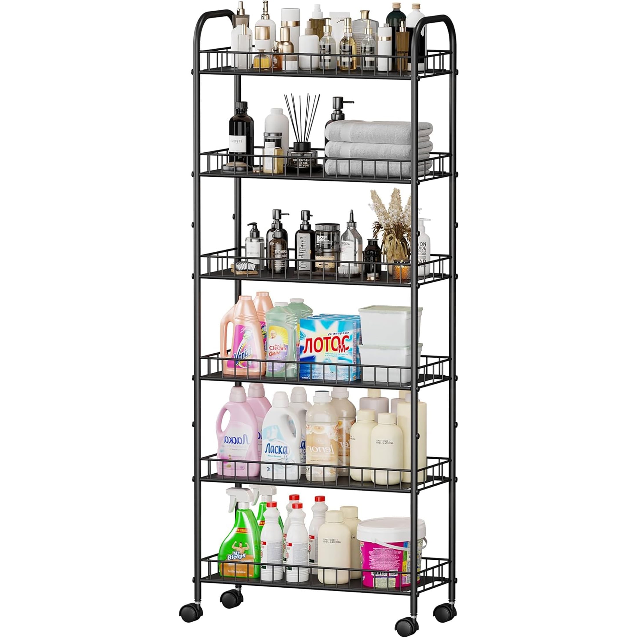 JRHRXXY 6 Tier Slim Rolling Cart,Metal Kitchen Cart with Lockable Wheels & Baskets,10" Narrow Storage Shelf for Kitchen,Bathroom,Laundry,Small Space