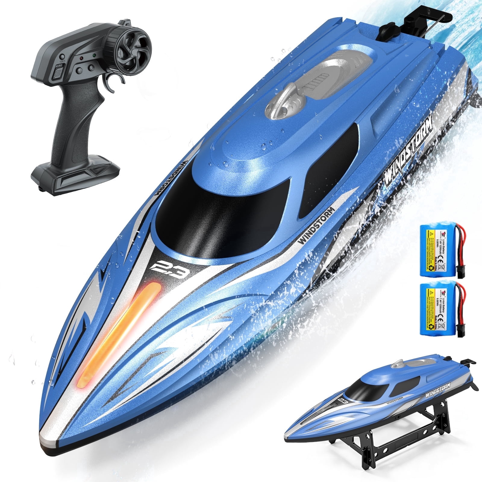 JoyStone 20+ mph RC Boat for Pool & Lakes, 14 inch Remote Control Boat with LED Lights, 2 Batteries 40Mins, Pool Toys for Adults & Kids (Blue)