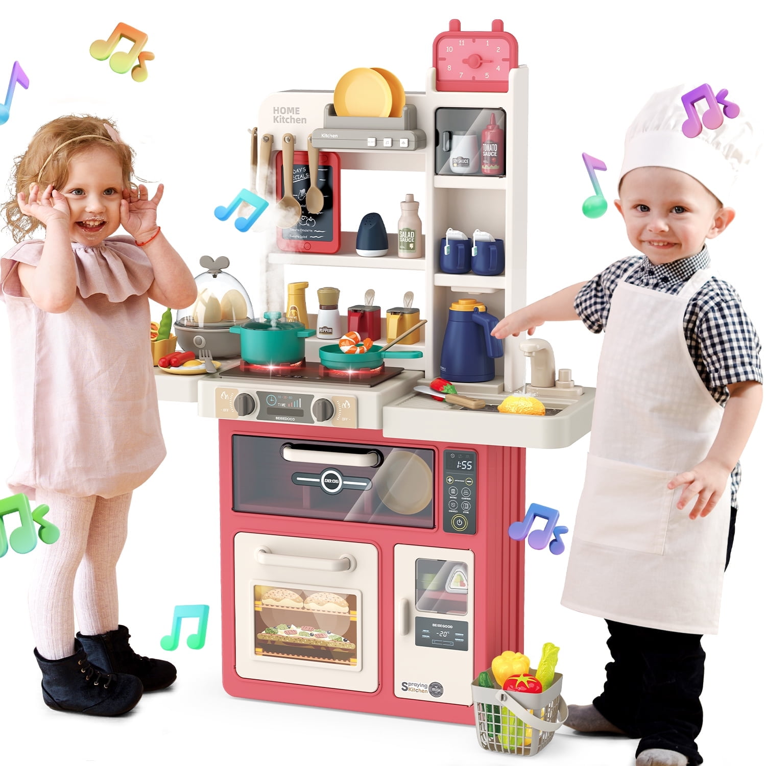 JoyStone 63PCS Kids Kitchen Playset,Play Kitchen Toy with Realistic Lights & Sounds,Pretend Steam, Play Sink & Oven, Menu Board & Other Kitchen Accessories Set for Toddlers