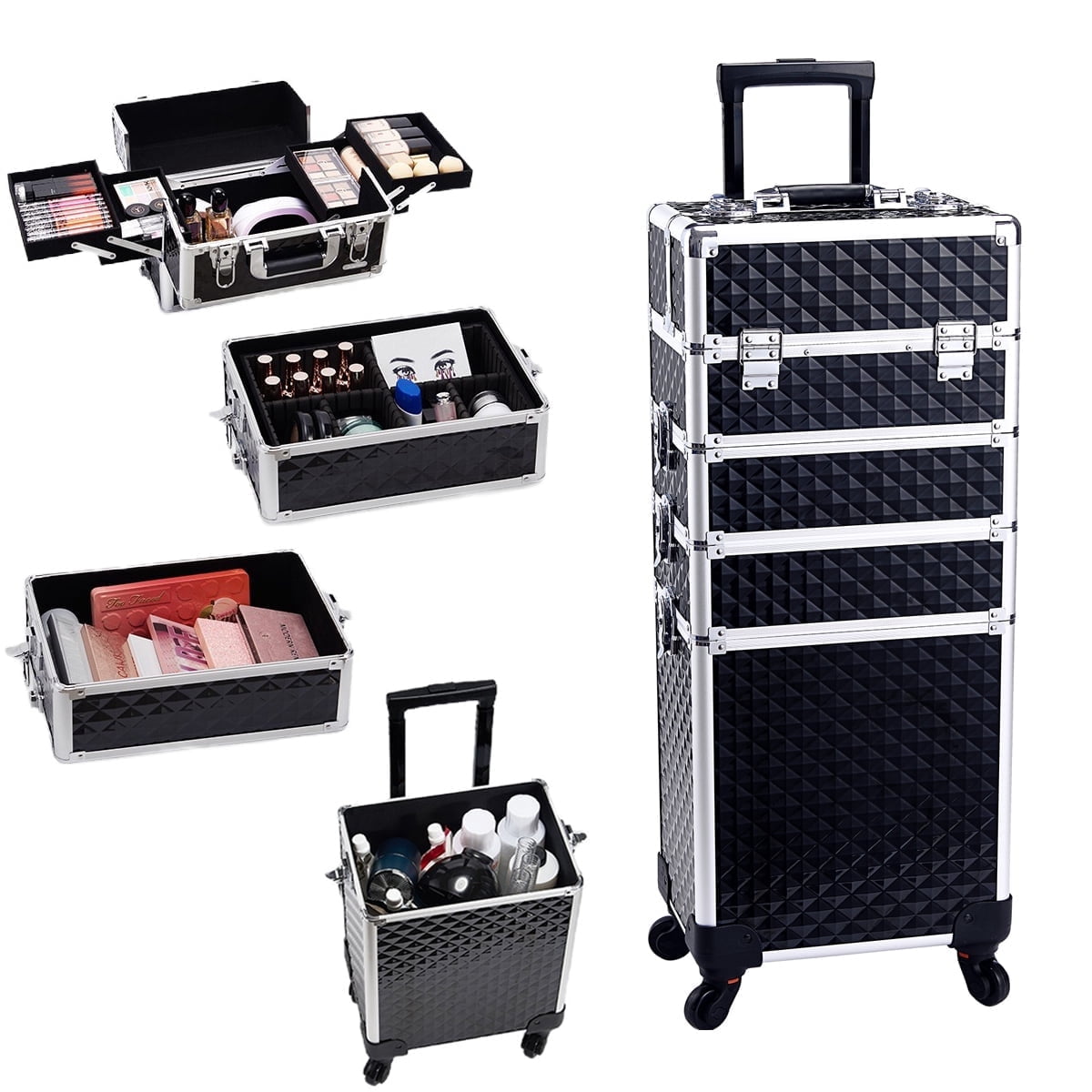 Professional Rolling Makeup Case with Wheels 4 in 1 Aluminum Cosmetic Train Case Trolley Box Salon Barber Suitcase
