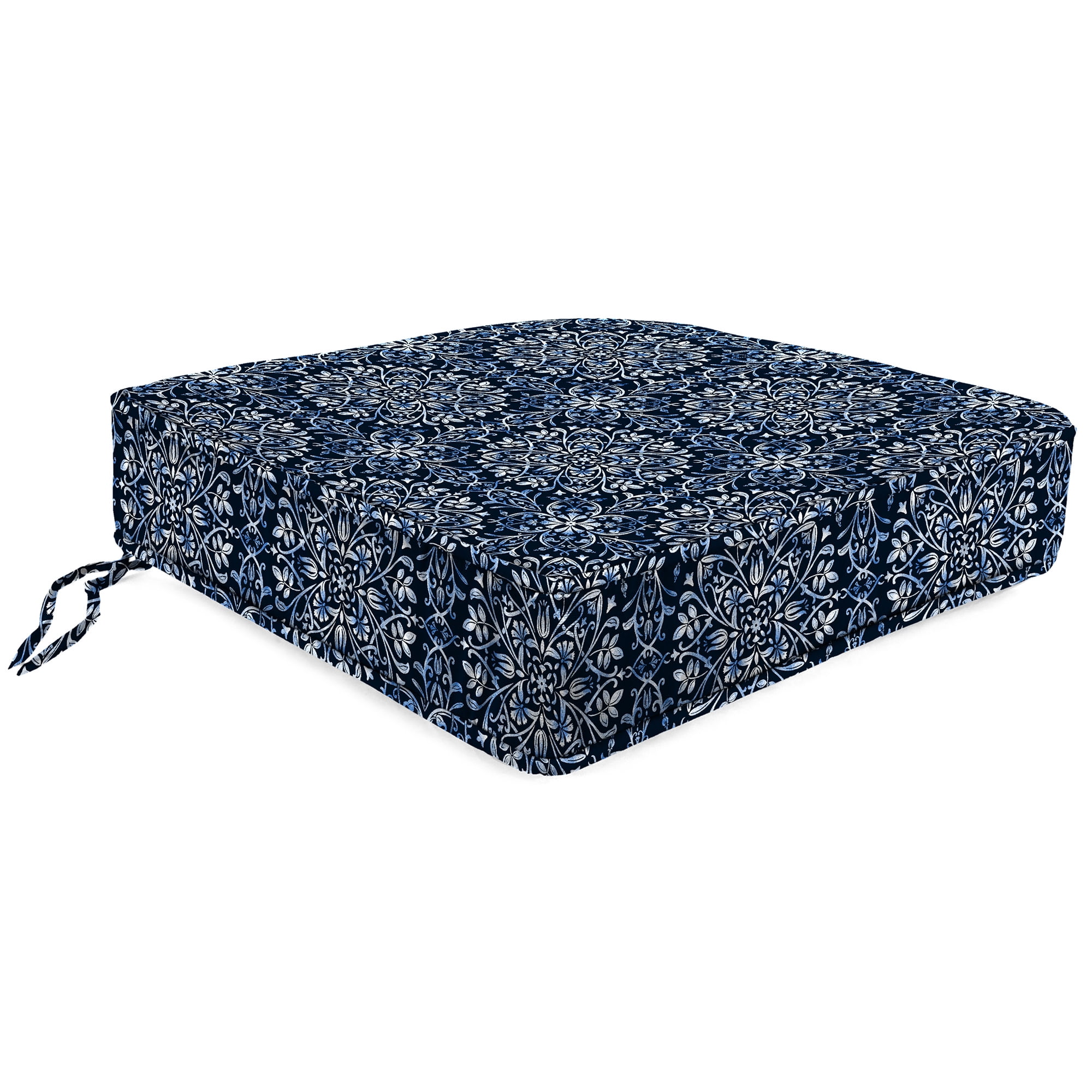 Jordan Manufacturing 22.5" x 22.5" Dresden Midnight Navy Damask Square Outdoor Deep Seat Cushion with Ties and Welt