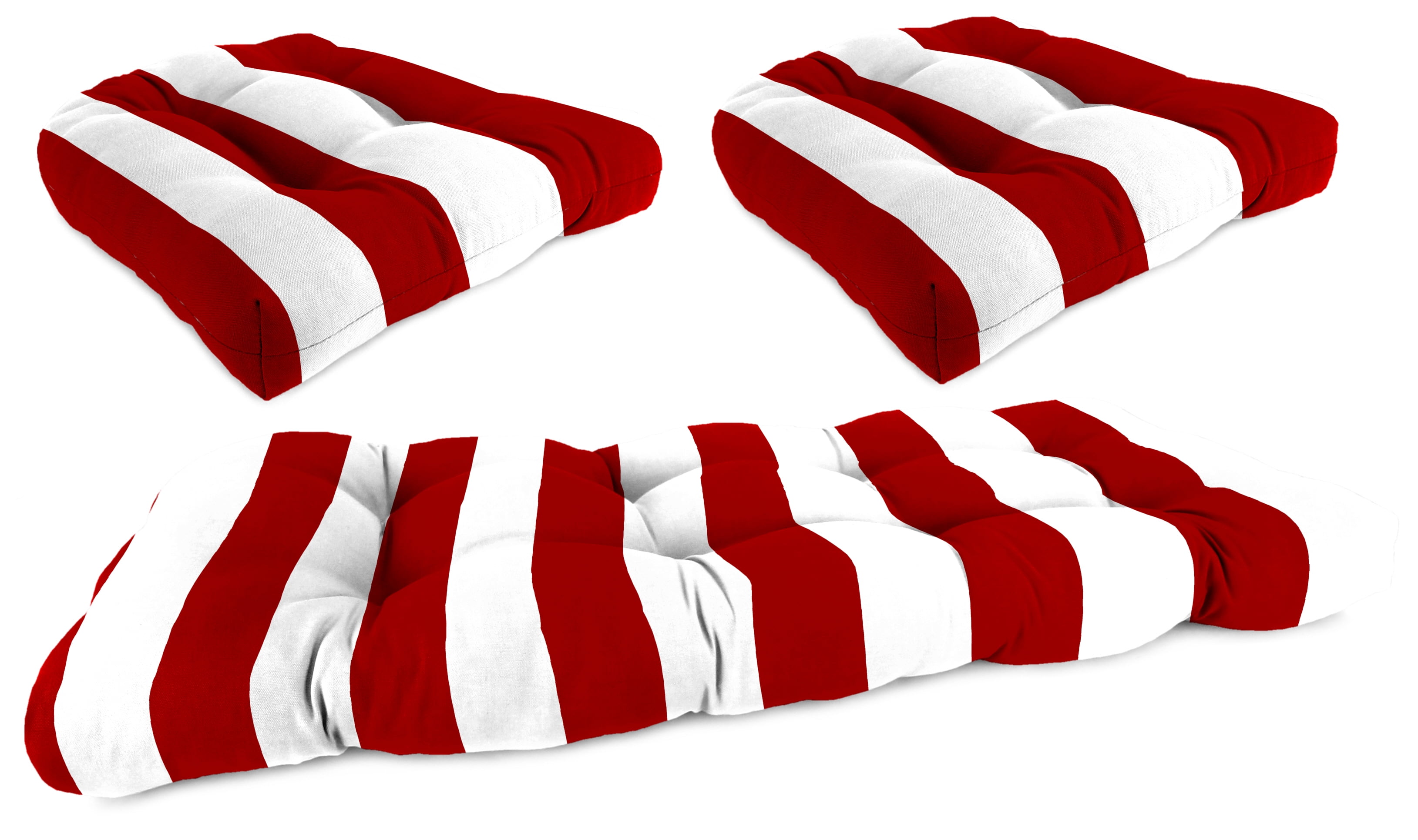 Jordan Manufacturing 3-Piece Cabana Red Stripe Tufted Outdoor Cushion with 1 Wicker Bench Cushion and 2 Wicker Seat Cushions